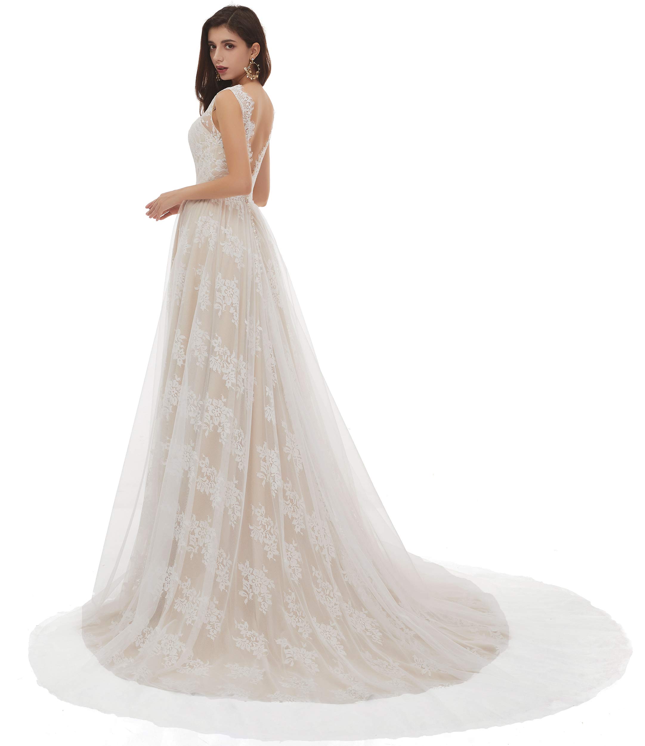 Elegant V-Neck A-Line Lace Tulle Beach Wedding Dress for Women - Perfect for Bridal Ceremonies, Beach Weddings, and Romantic Photoshoots
