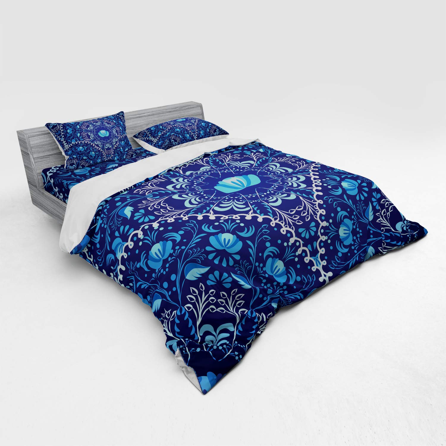 Ambesonne Navy Blue Duvet Cover Set - King Size 4-Piece Bedding with Floral Oriental Pattern, Includes Shams & Fitted Sheet (Navy Blue/White/Blue) - Perfect for Master Bedroom, Guest Room & Bohemian Home Decor