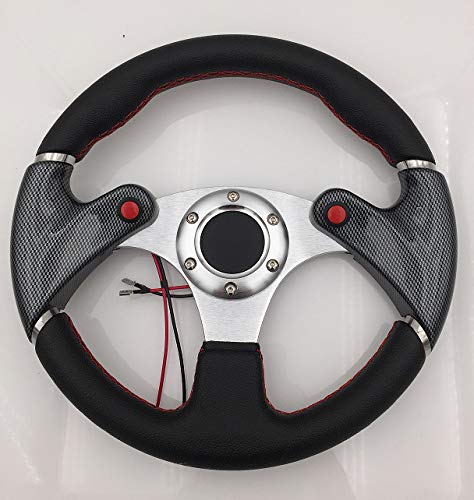 Universal 6-Bolt 320mm Black PVC Leather Steering Wheel with Red Stitching & Carbon Fiber Style - Compatible with Racing & Custom Cars - Includes NOS Nitrous Button & Blank Horn for Enhanced Performance & Style