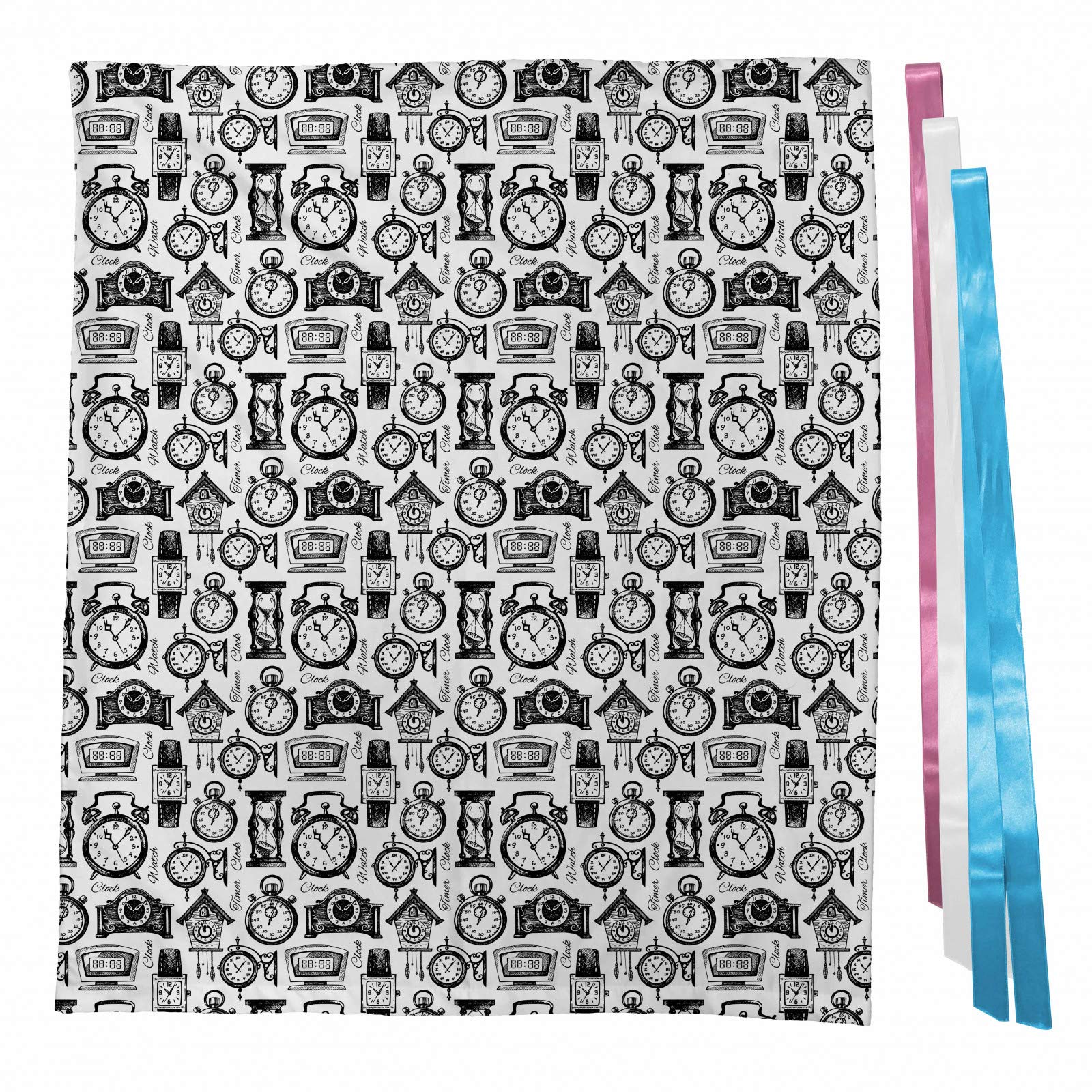 Ambesonne Vintage Monochrome Clock Fabric Gift Bag - Hand Drawn Watch Illustration, Black and White Present Sack with 3 Ribbons (27