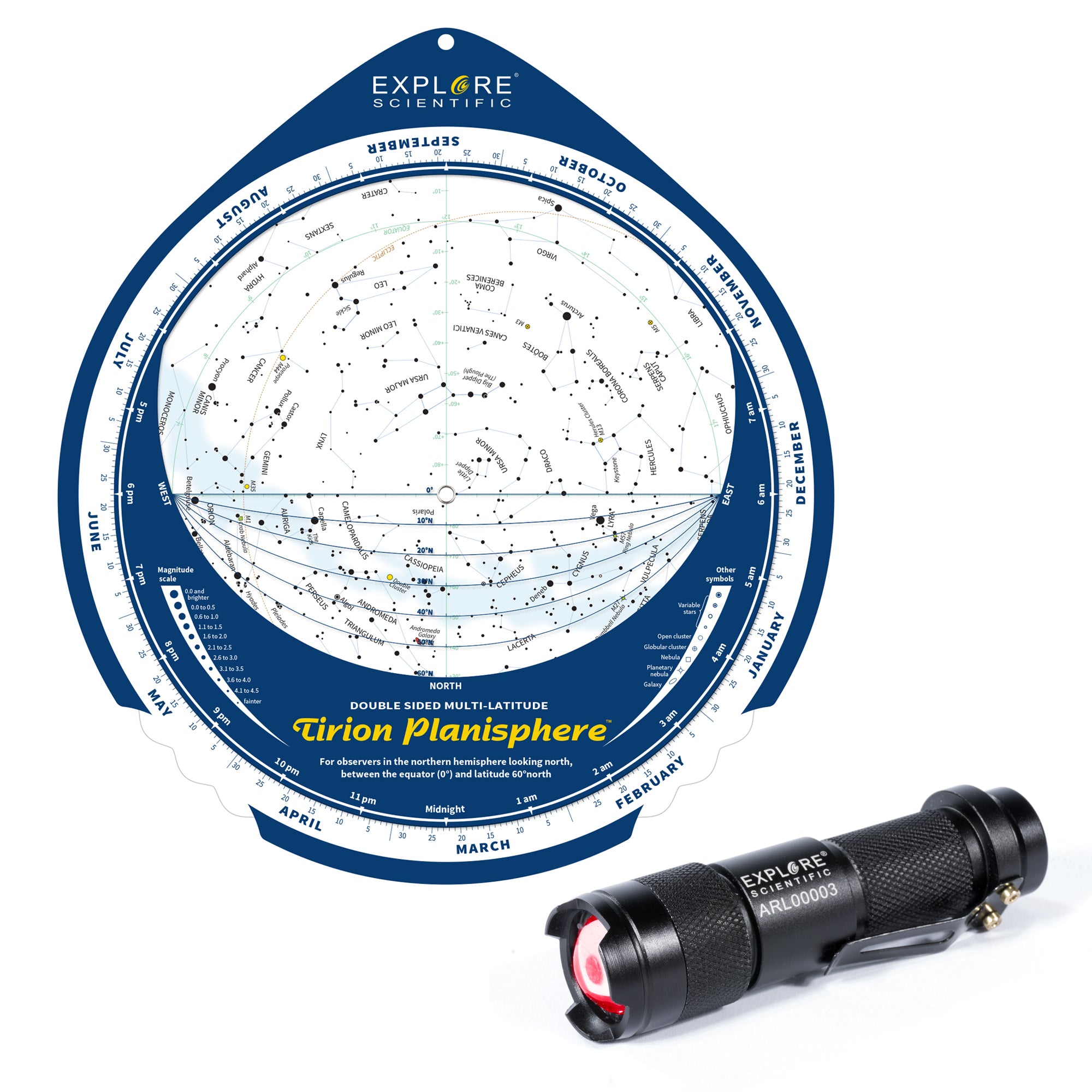 Tirion Double Sided Multi Latitude Planisphere with Astro R Lite - Astronomy Star Map for Northern & Southern Hemispheres - Perfect for Stargazing, Astronomy Education, and Outdoor Night Sky Observation