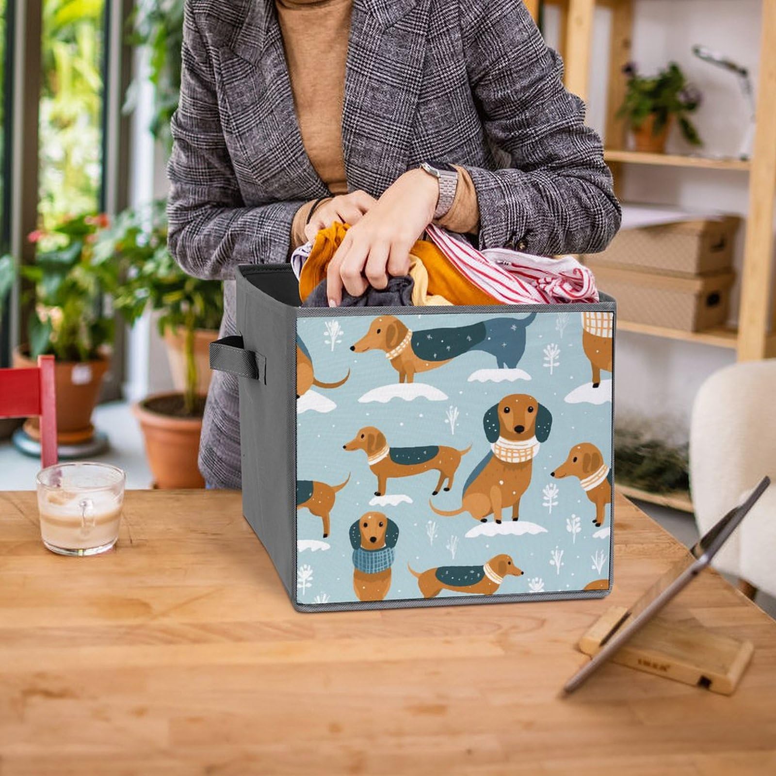 Cute Dachshund Foldable Storage Cubes - 6 Pack Square Organizer Bins with Handles for Home, Office & Kids Room Organization