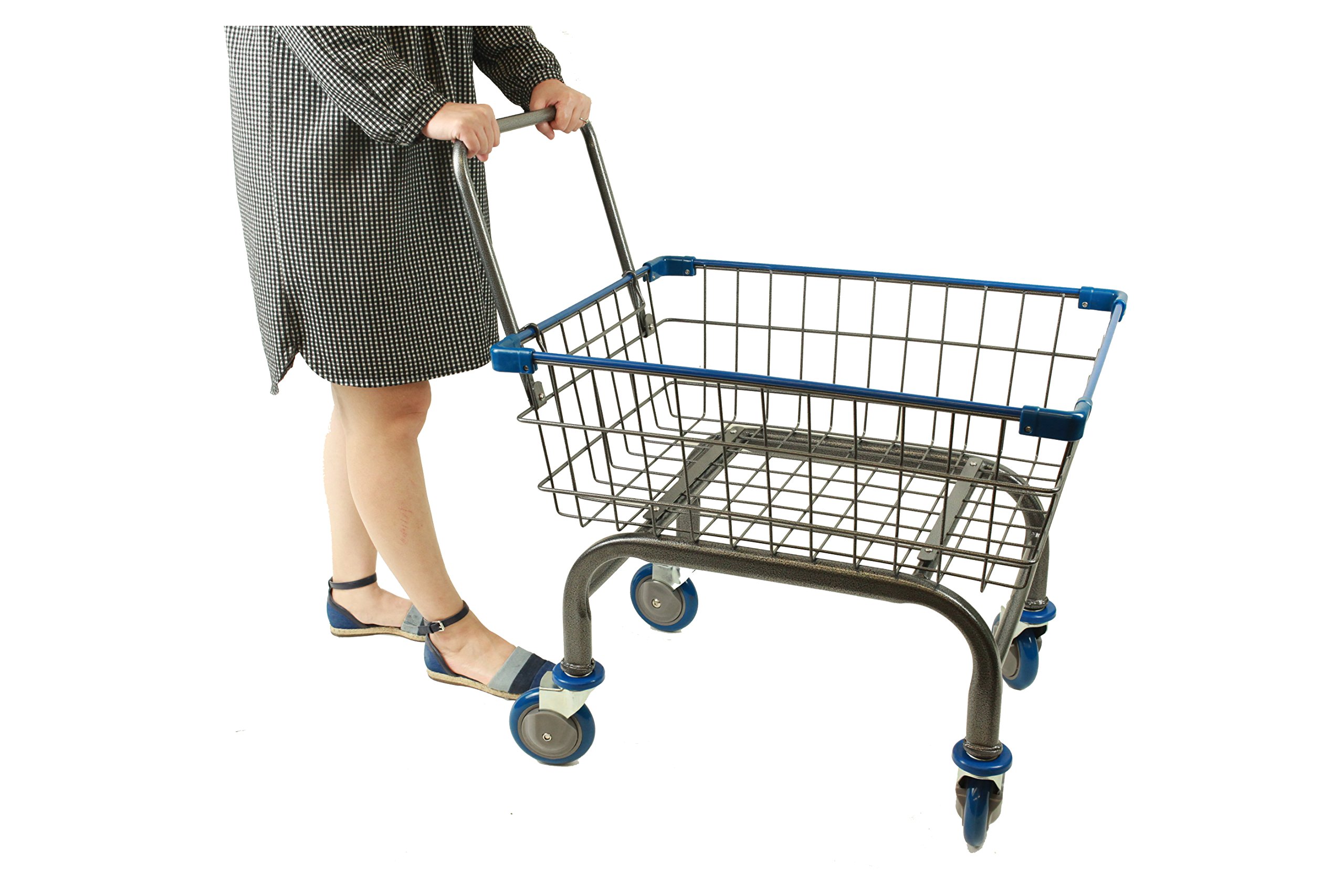 Heavy Duty Laundry Cart with Wheels - 1.8 Bushel Grocery Shopping Basket with U-Shaped Handle (Blue) - Perfect for Laundry Room, Supermarket, Dorm & Apartment Use