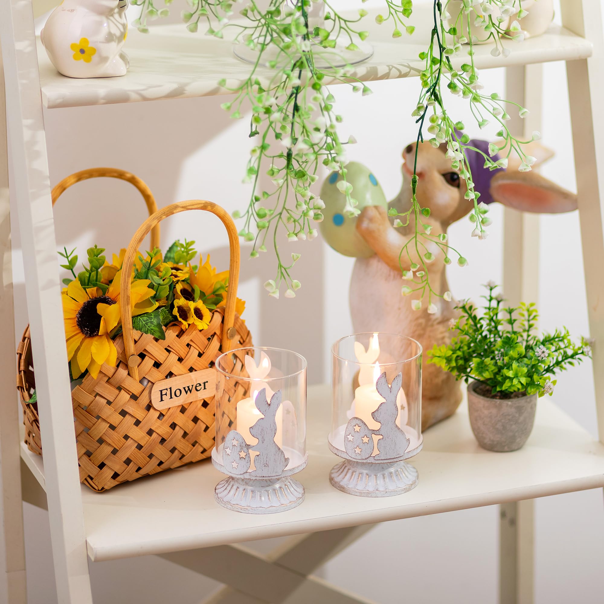 Romadedi Easter Bunny Candle Holders - Set of 2 Rustic Rabbit Egg Hurricane Vases for Table Centerpiece, Spring Home Decor, Farmhouse Decorations, White Distressed Finish - Perfect for Easter Decor, Farmhouse Tablescapes & Holiday Gift Giving