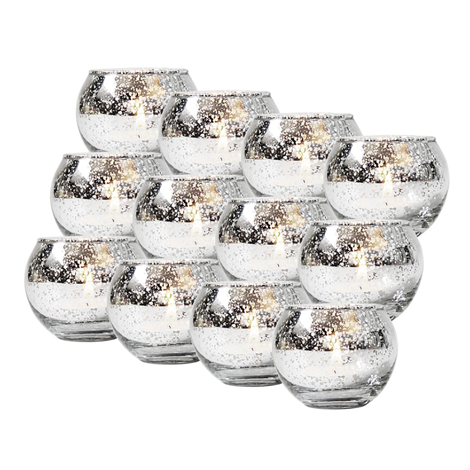 HYLYING 12Pcs Round Mercury Glass Votive Candle Holders - 2 Inch Tealight Candle Holders with Speckled Design for Wedding Centerpieces, Home Decor, Party & Holiday Decorations - Perfect for Romantic Dinners, Spa Nights & Festive Celebrations