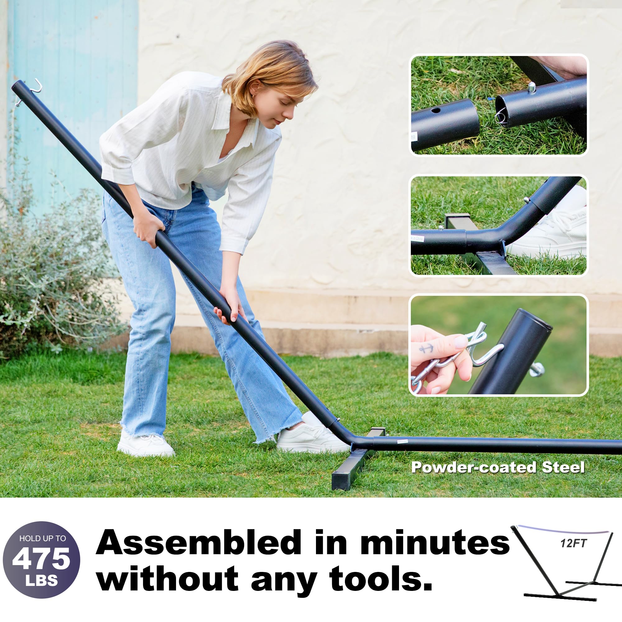 2 Person Hammock with Stand for Outdoor Camping & Backyard Relaxation - 12ft Heavy Duty Steel Frame, Double Hammock with Hardwood Spreader Bar, Large Removable Pillow & Side Pockets - Supports 475 lbs - Perfect for Patio, Garden, Beach & Camping Trips
