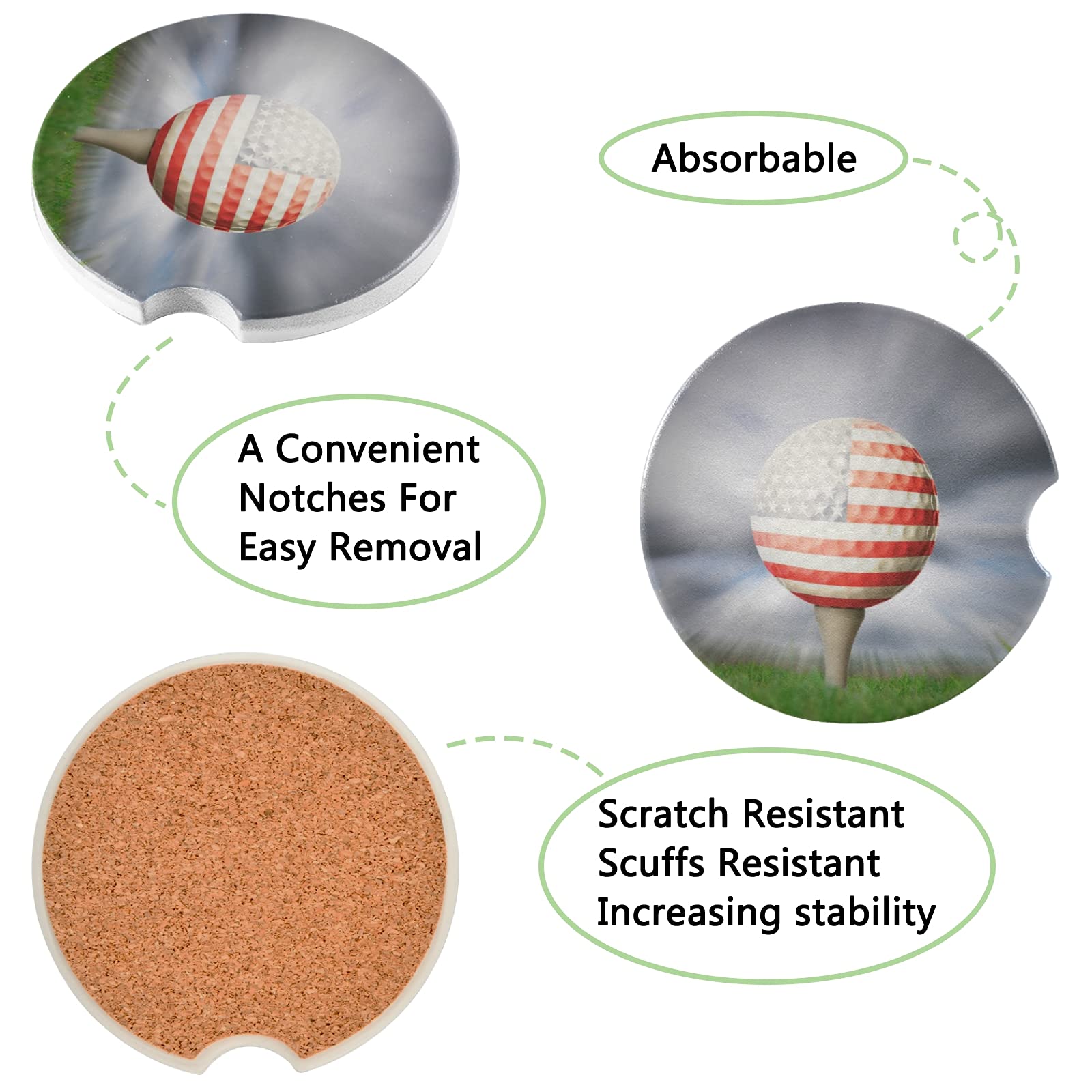 2 Pack American Flag Car Coasters - Absorbent Ceramic Cup Holder Coasters for Golf Carts & Vehicles (2.56in) - Perfect Drink Accessories for Men & Women | Great for Road Trips, Commuting & Tailgating
