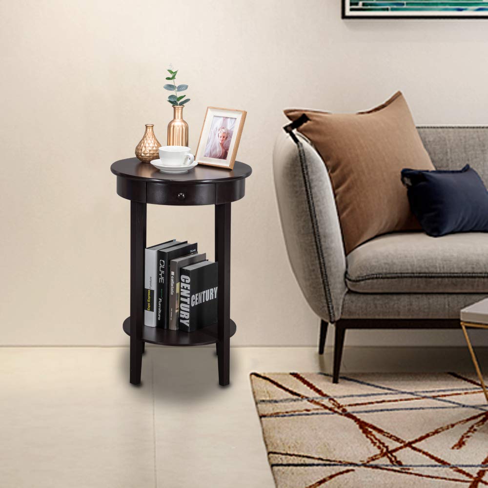 Round Coffee Table with Drawer - Simple Brown End Table for Living Room, Bedroom & Office - Compact Side Table with Storage Space