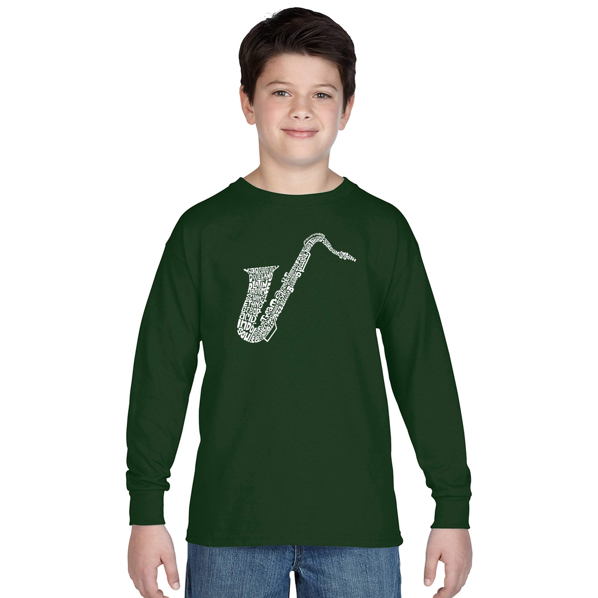 LA Pop Art Boy's Word Art Long Sleeve T-Shirt - Cool Saxophone Graphic Tee for Kids | Trendy Casual Wear for School, Music Events & Daily Outfits