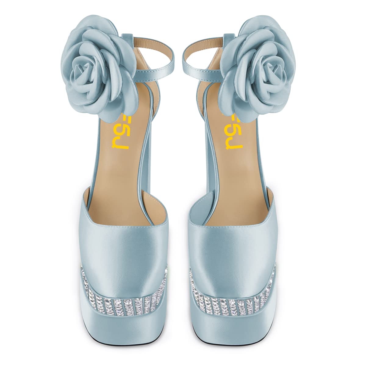 FSJ Women's Chunky High Heel Sandals - Square Toe Ankle Strap Party Shoes with Floral Detail, Satin Dress Pumps for Club & Evening Wear, US Sizes 4-15 | Perfect for Weddings, Prom & Special Occasions