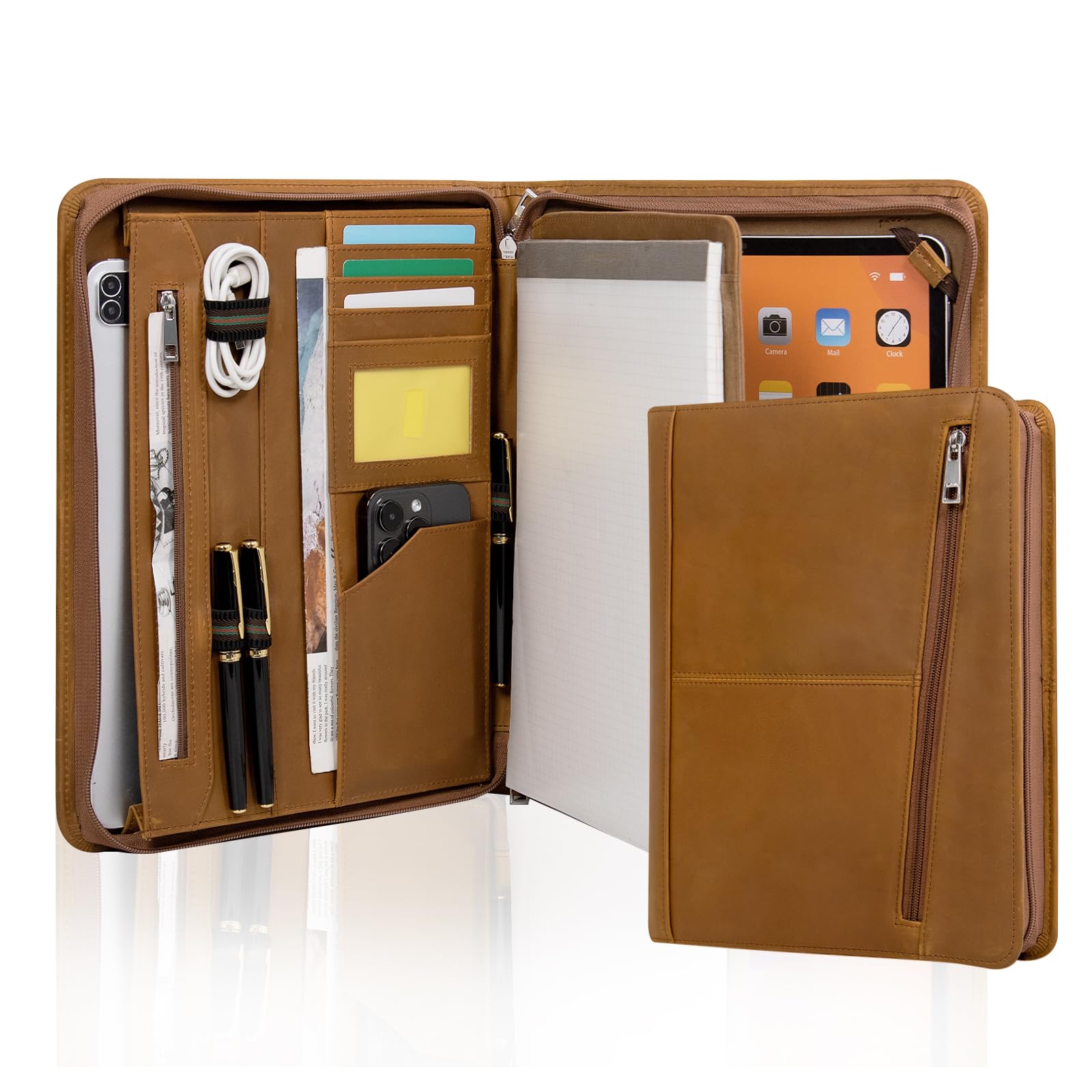 Premium Genuine Leather Slim Padfolio Organizer - Compact Business Portfolio Case for Letter Size (A4) Paper & Notepad - Fits 10.2