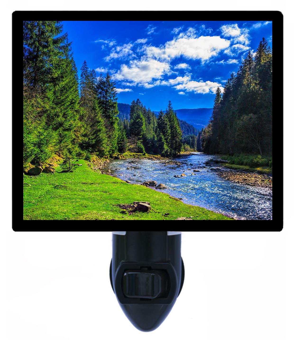 Rocky Shore River Mountains Summer LED Night Light - Dimmable Bedside Lamp for Kids, Nursery, Bedroom & Home Decor
