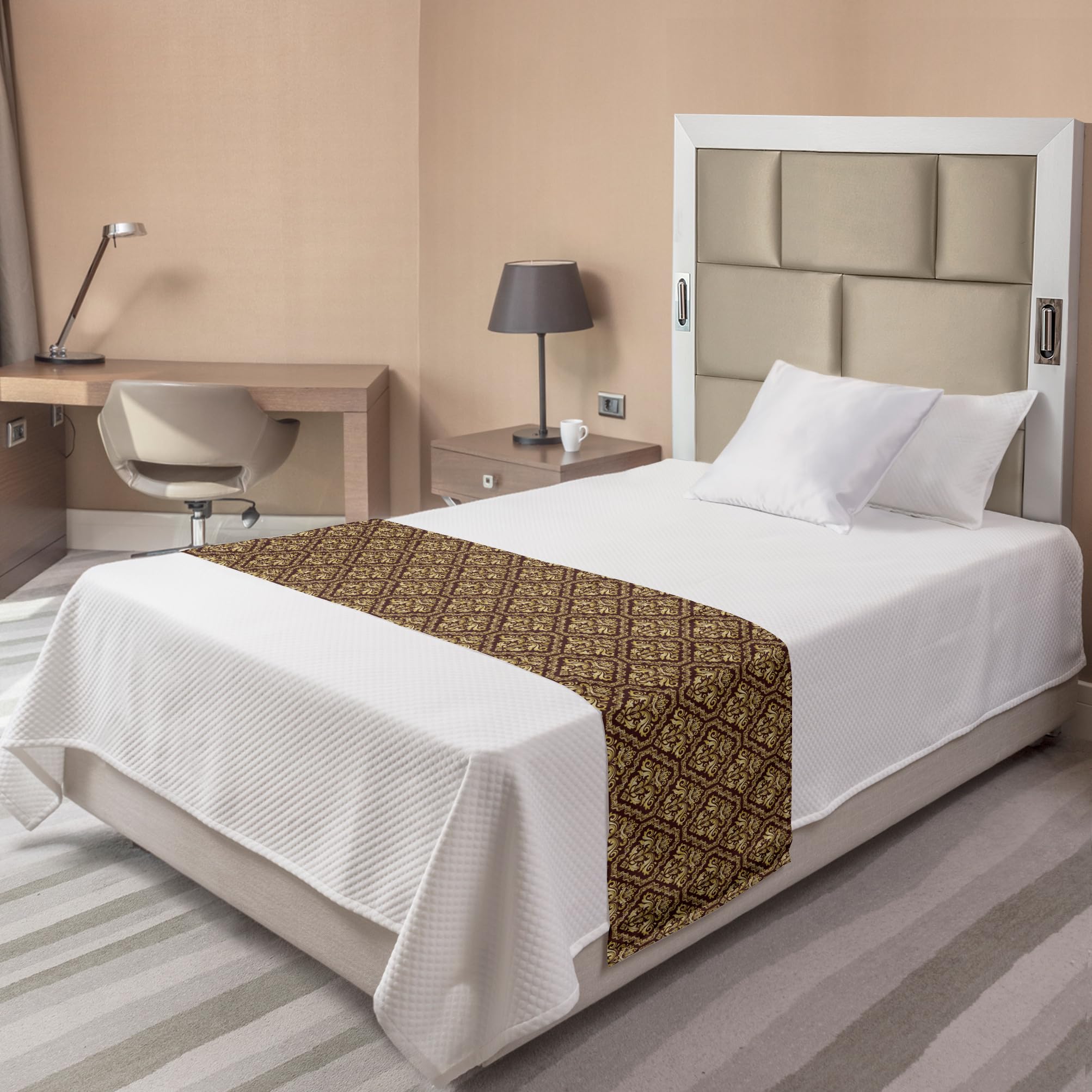 Ambesonne Yellow Damask Bed Runner - Baroque Style Floral Pattern in Symmetrical Geometric Frames, Decorative Accent Bed Scarf for Hotels, Homes & Guestrooms (Earth Yellow/Pale Yellow) - Perfect for Master Bedrooms, Luxury Hotels & Wedding Decor