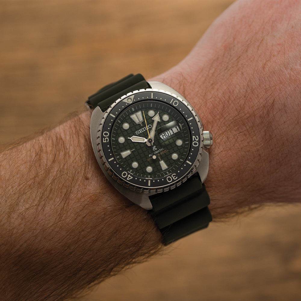 Seiko SRPE05 Prospex Automatic Diver Watch - 45mm Green Dial with Rubber Strap for Men | Waterproof Scuba Diving, Swimming & Outdoor Adventures