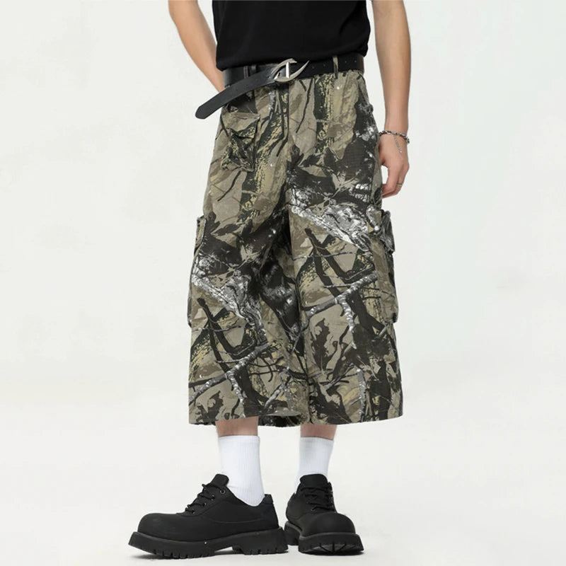American Style Men's Graffiti Print Cropped Trousers - Summer Fashion Casual Straight Wide Leg Shorts for Men in Camouflage Color (9C6630) | Perfect for Streetwear, Beach Outings & Summer Festivals