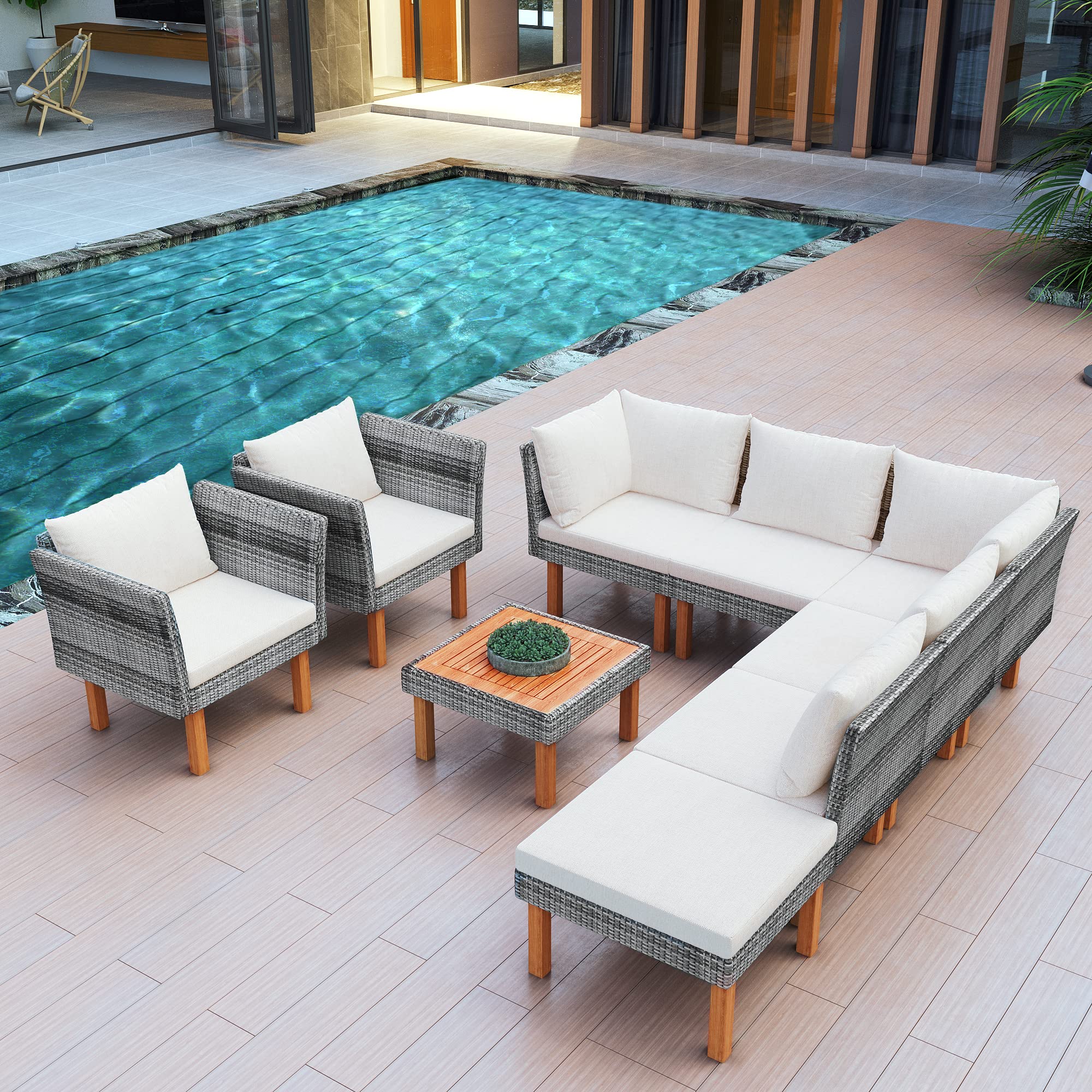 9-Piece Outdoor Patio Furniture Set - Acacia Wood Table & Wicker Ottoman Sofa with Gray PE Rattan & Wood Legs - All-Weather Beige Cushioned Armrest Chairs - Perfect for Backyard, Garden, Poolside & Outdoor Dining