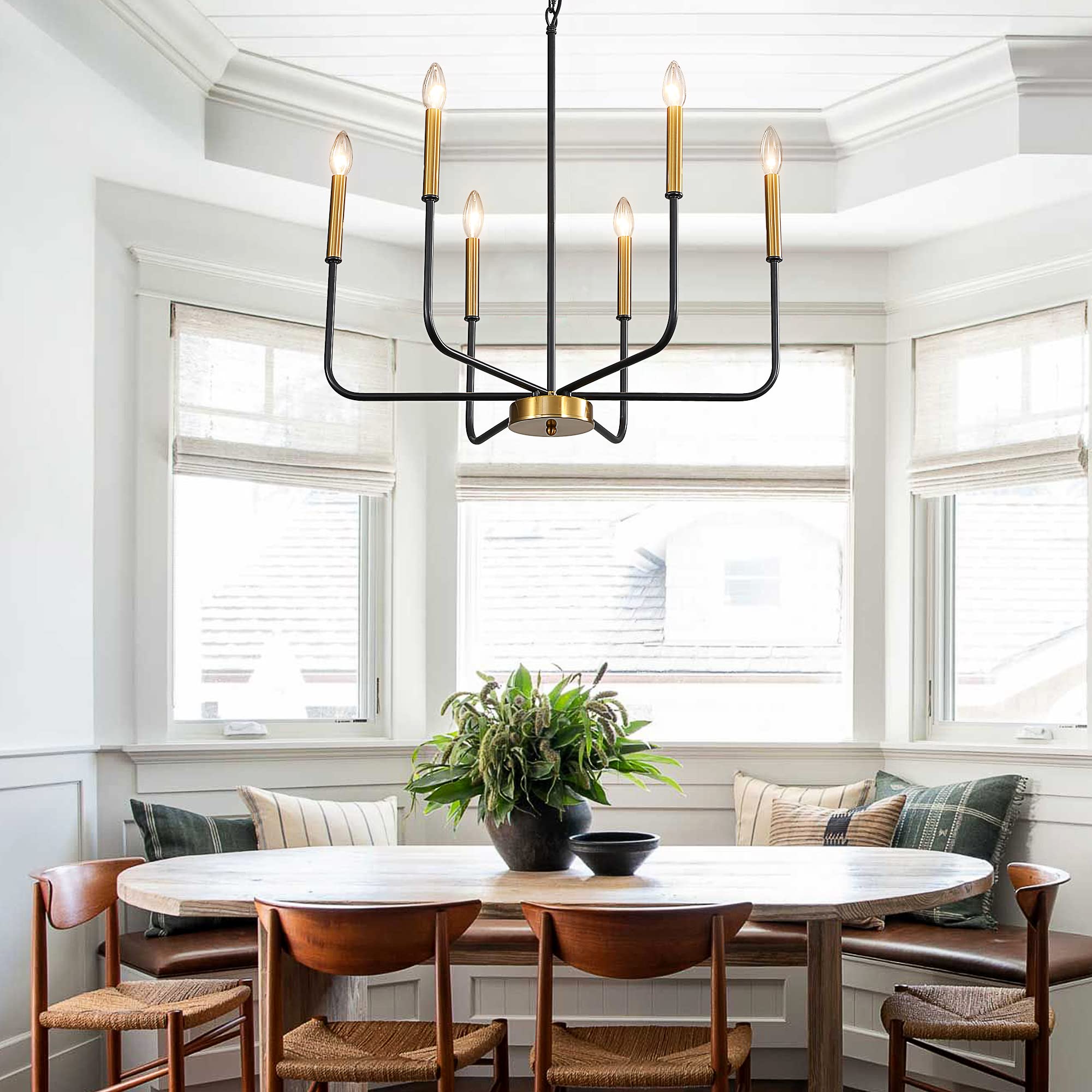 Modern 6-Light Black & Gold Farmhouse Chandelier - Adjustable Candle Pendant Light Fixture for Dining Room, Kitchen Island, Living Room & Entryway | Rustic Elegance for Home Decor & Wedding Venues
