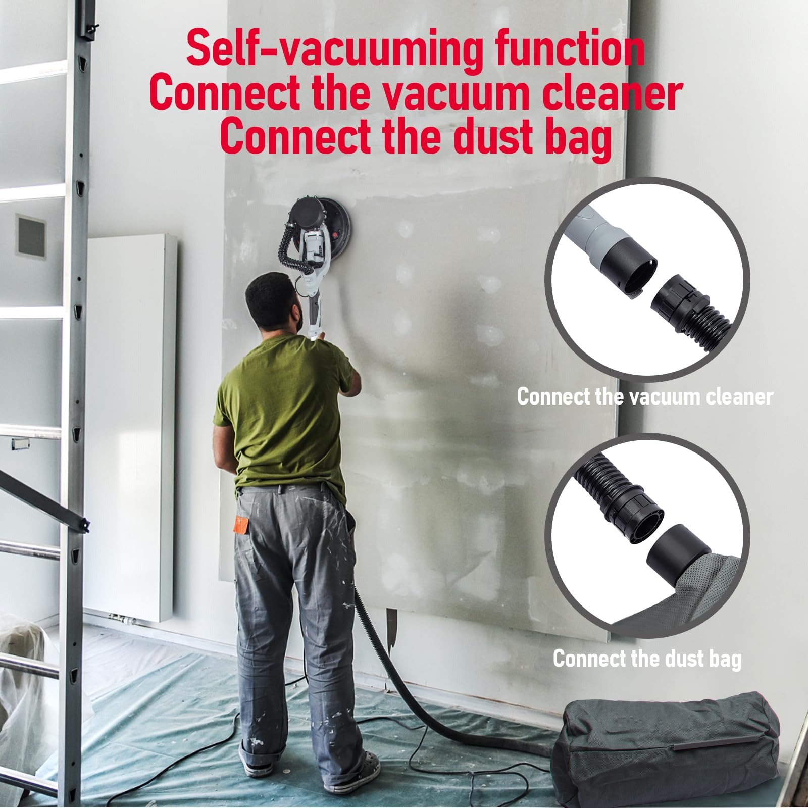 800W Electric Drywall Sander with Vacuum Dust Collection - Variable Speed 800-1800RPM, LED Light, Extendable Handle & 12 Sanding Discs - Perfect for Home Renovation, Wall Smoothing and DIY Projects