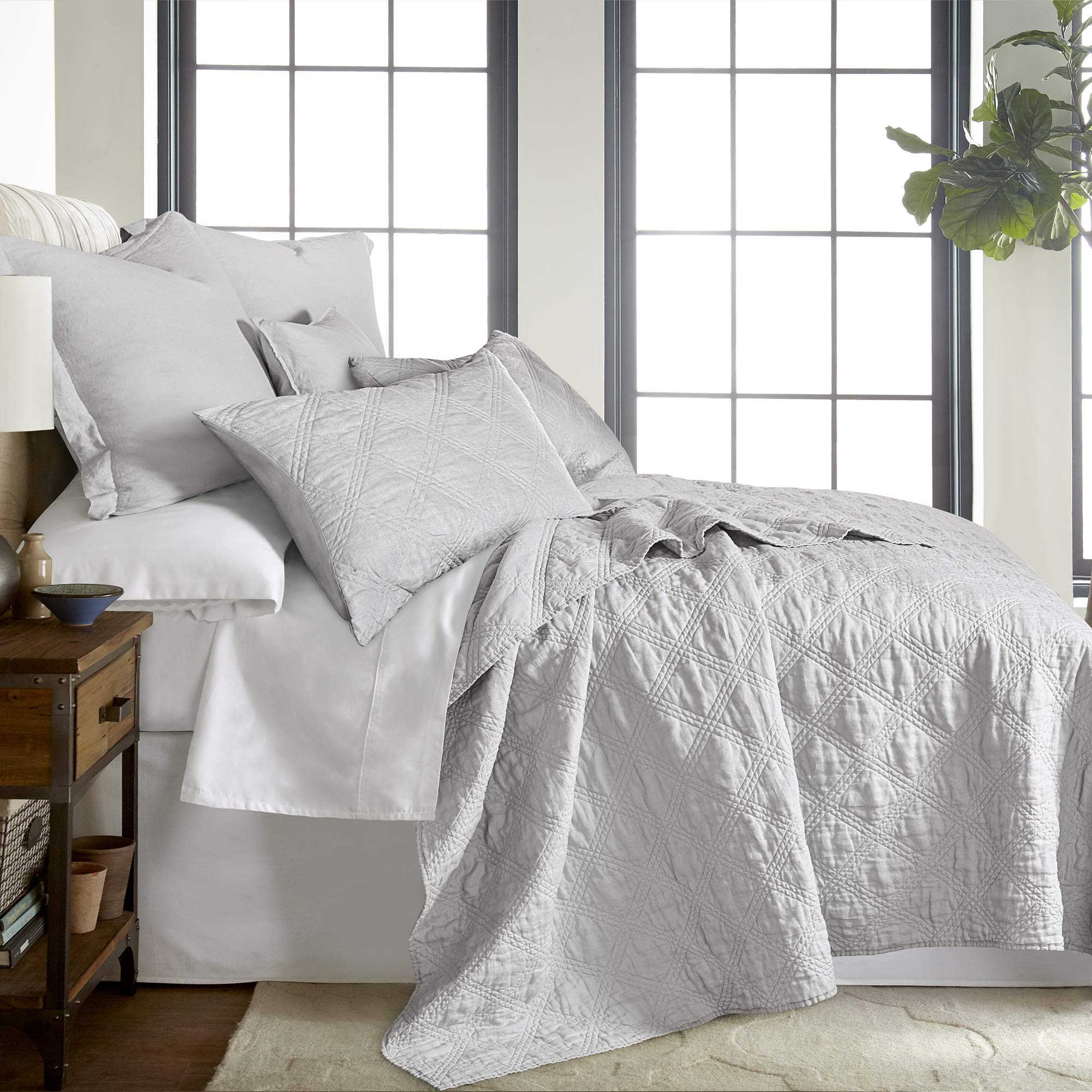 Levtex Home 100% Linen Front & Cotton Back Quilt Set - Full/Queen Size Washed Linen Light Grey Bedding (88
