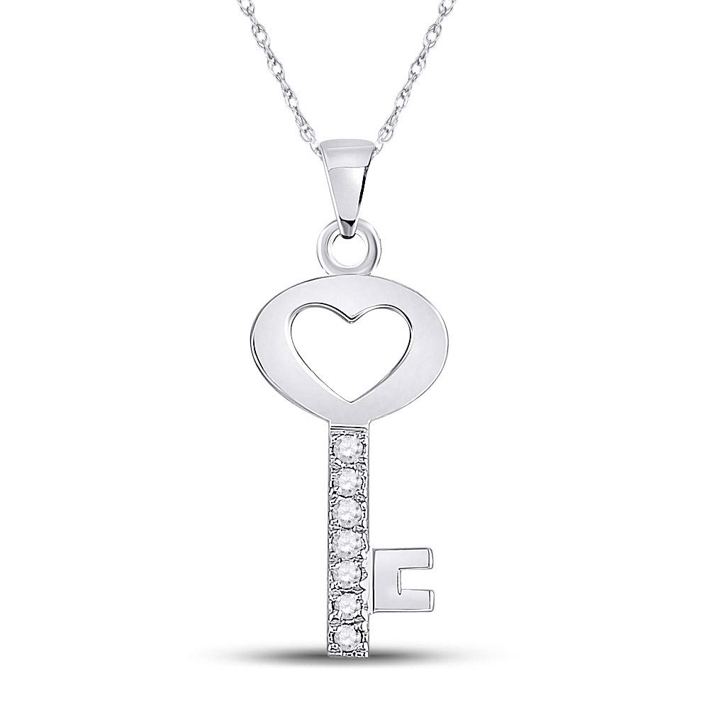 10K White Gold Women's Round Diamond Key Heart Pendant Necklace - 1/20 CTTW - Elegant Jewelry Gift for Her, Anniversary, Valentine's Day & Special Occasions