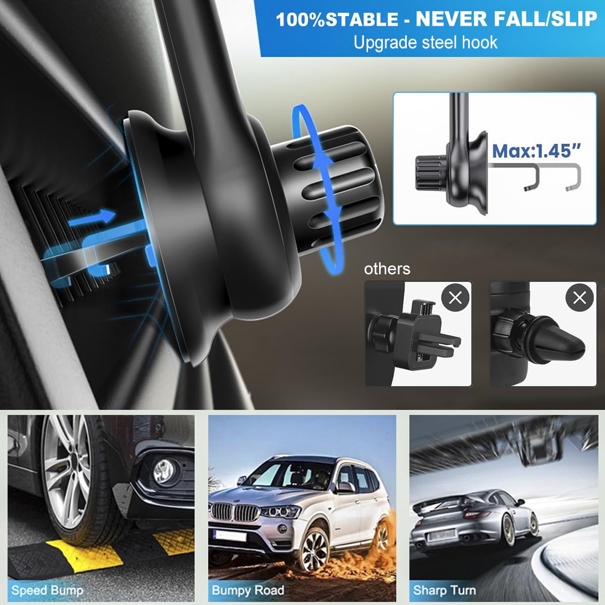 360° Adjustable Car Phone Holder for Air Vent & Socket Mount - Universal Phone Mount Compatible with iPhone, Samsung & All Smartphones - Perfect for Hands-Free Navigation, Music Control & Safe Driving