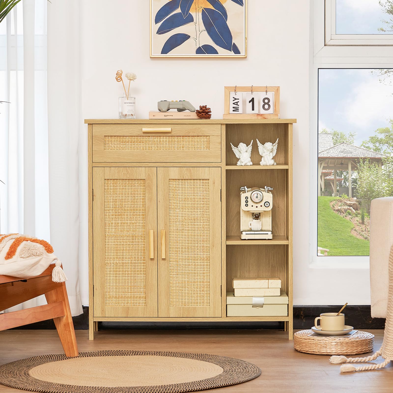 Rattan Storage Cabinet with Drawer & Adjustable Shelves - Natural Weave Sideboard Buffet for Living Room, Entryway, Dining Room - Perfect for Home Organization and Stylish Storage Solutions