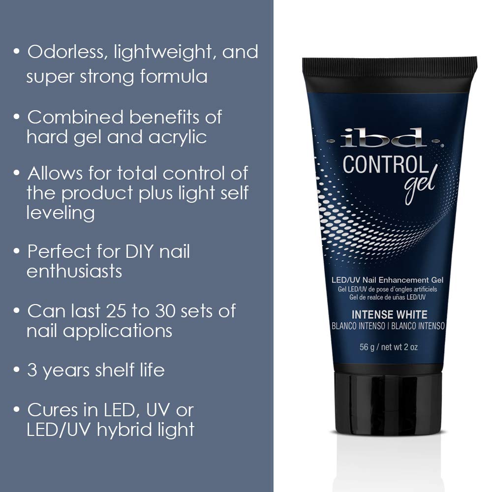 IBD Pro-Hybrid Nail Control Gel - Intense White LED/UV Nail Enhancement Gel, 2 oz - Professional Salon Quality for Strong, Shiny Nails at Home