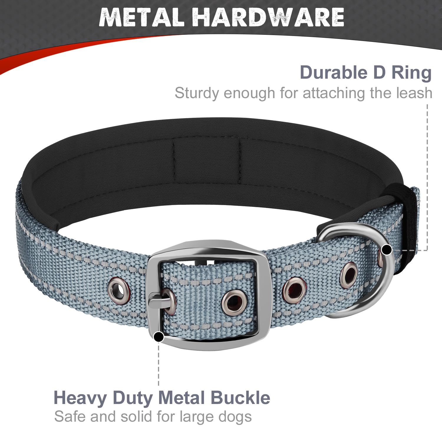 Joytale Adjustable Neoprene Padded Dog Collar for Medium Dogs - Reflective Heavy Duty Pet Collar with Durable Metal Buckle - Comfortable Walking & Outdoor Safety (Gray, Medium) - Perfect for Daily Walks, Training & Nighttime Visibility