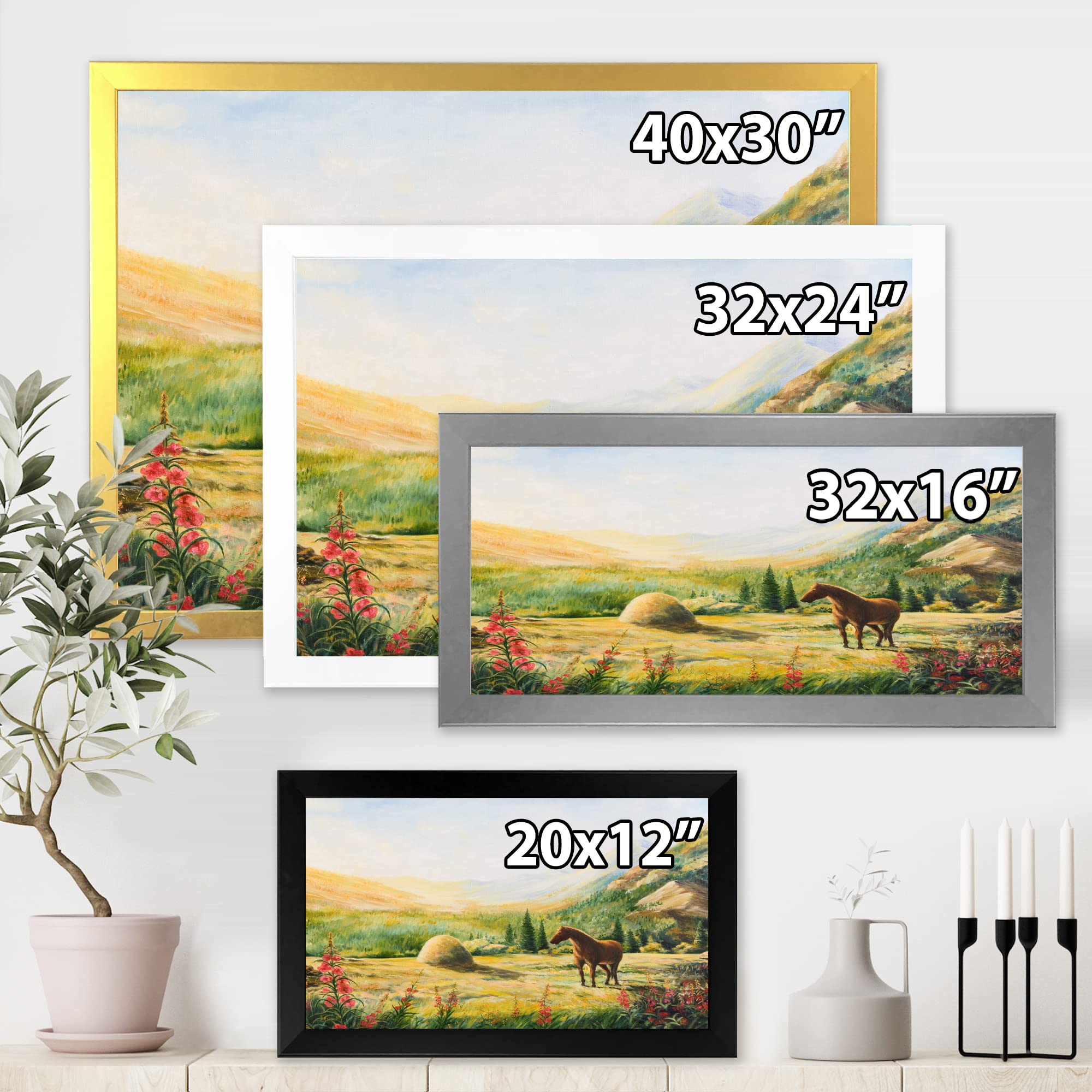 Morning Sun In The Mountains With Horse - Farmhouse Framed Wall Art Painting for Living Room, Bedroom & Office Decor | Rustic Countryside Landscape Canvas Print
