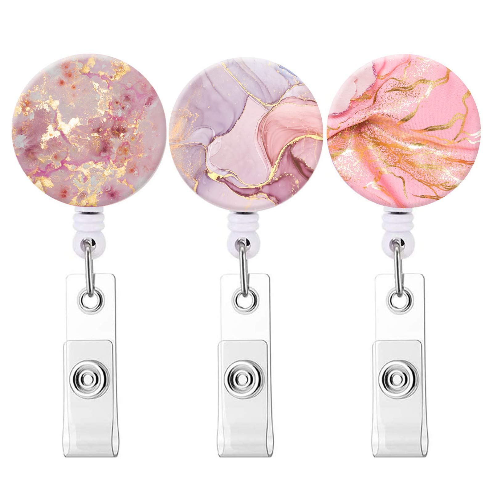 Retractable Badge Reel with ID Card Holder - Nurse Badge Reel, Decorative Badge Holder with Carabiner Clip - Pink Pretty Design (3-Pack) - Perfect for Healthcare Workers, Teachers & Office Professionals