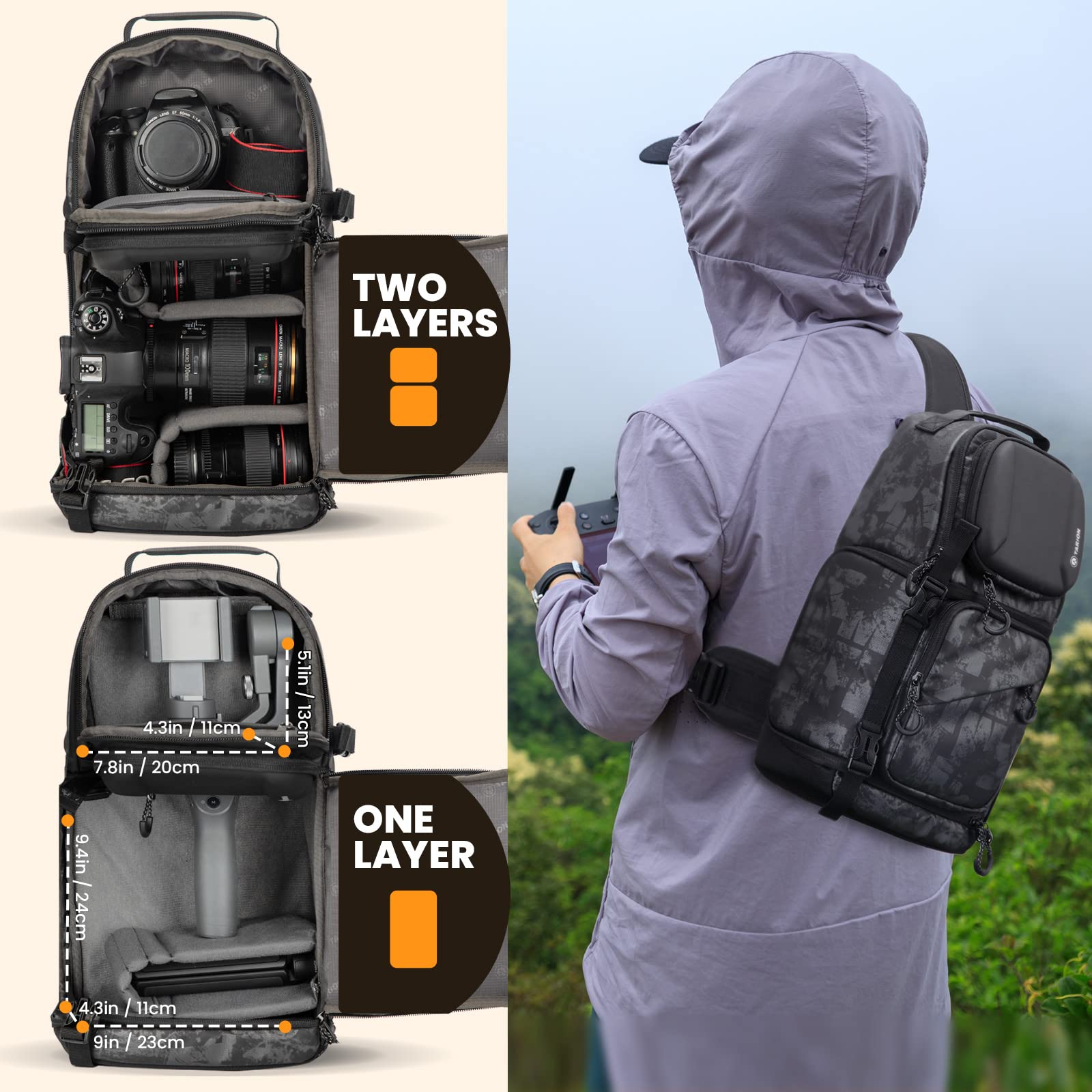 **TARION TR-S Waterproof Camera Shoulder Bag - Travel Photography Backpack with Rain Cover, Black & Grey, Small Daypack for DSLR & Mirrorless Cameras - Perfect for Hiking, Travel & Outdoor Photography**