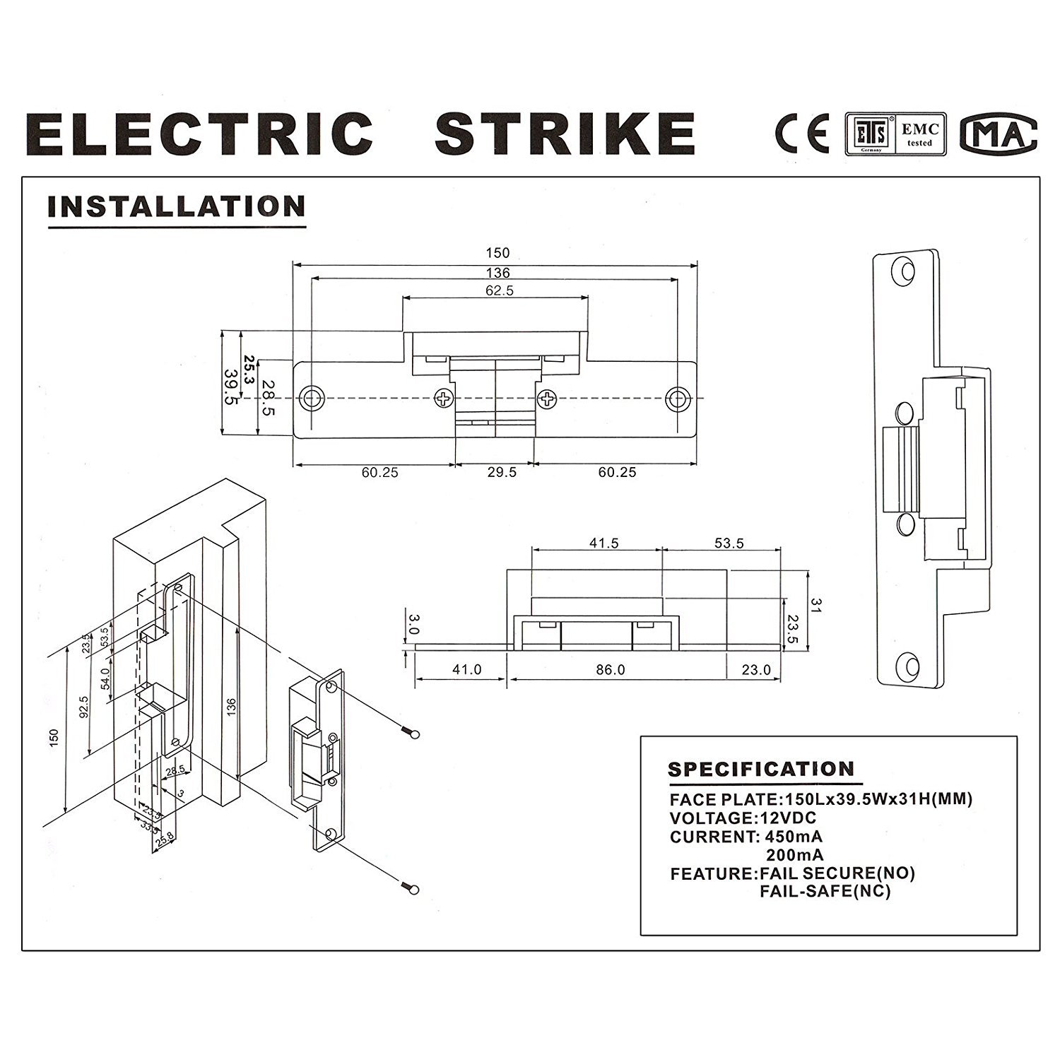 UHPPOTE Electric Strike Fail Secure NO Mode Lock - Access Control Device for Wood & Metal Doors | Ideal for Office, Home & Commercial Security Systems
