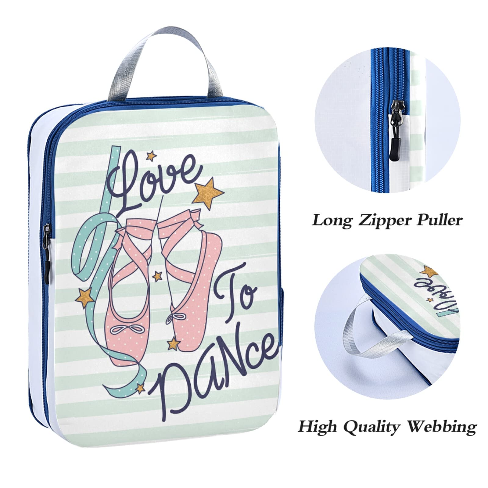 Pink Ballerina Shoes Love To Dance Green White Stripes 3-Piece Packing Cube Set - Waterproof Travel Organizers for Suitcases, Luggage & Toiletry Storage - Perfect for Ballet Dancers, Weekend Trips & Airplane Carry-Ons