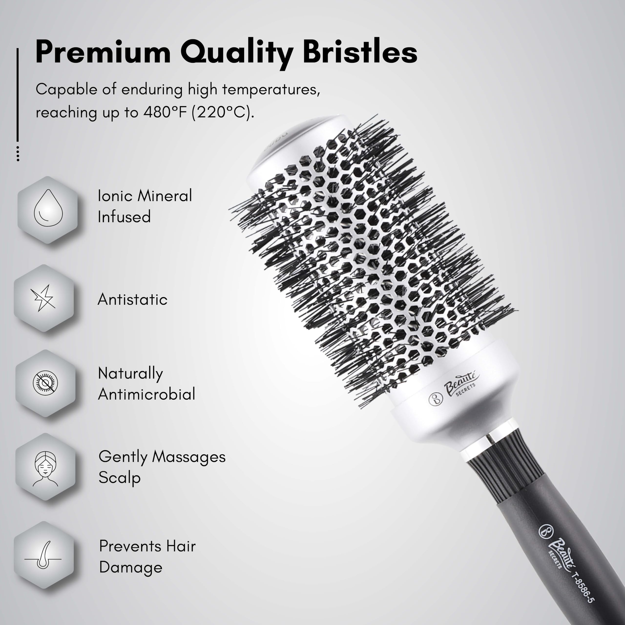 Beauté Secrets Round Hair Brush for Voluminous Curls - 2.5 Inch Hot Air Styling Brush with 1.5 Inch Barrel & Roller Comb - 44mm Hair Roller for Instant Volume & Heat Protection - Perfect for Salon-Quality Styling at Home or Travel