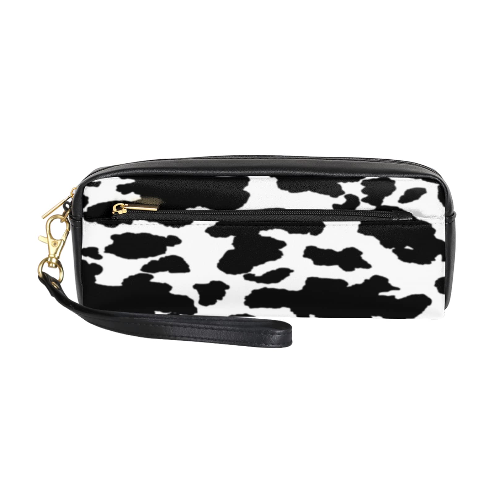 Cowhide Pencil Case with Zipper - Leather Pen Holder Organizer for Markers, Pens & Stationery - Black & White Print Design - Perfect for School, College, Office & Travel Organization