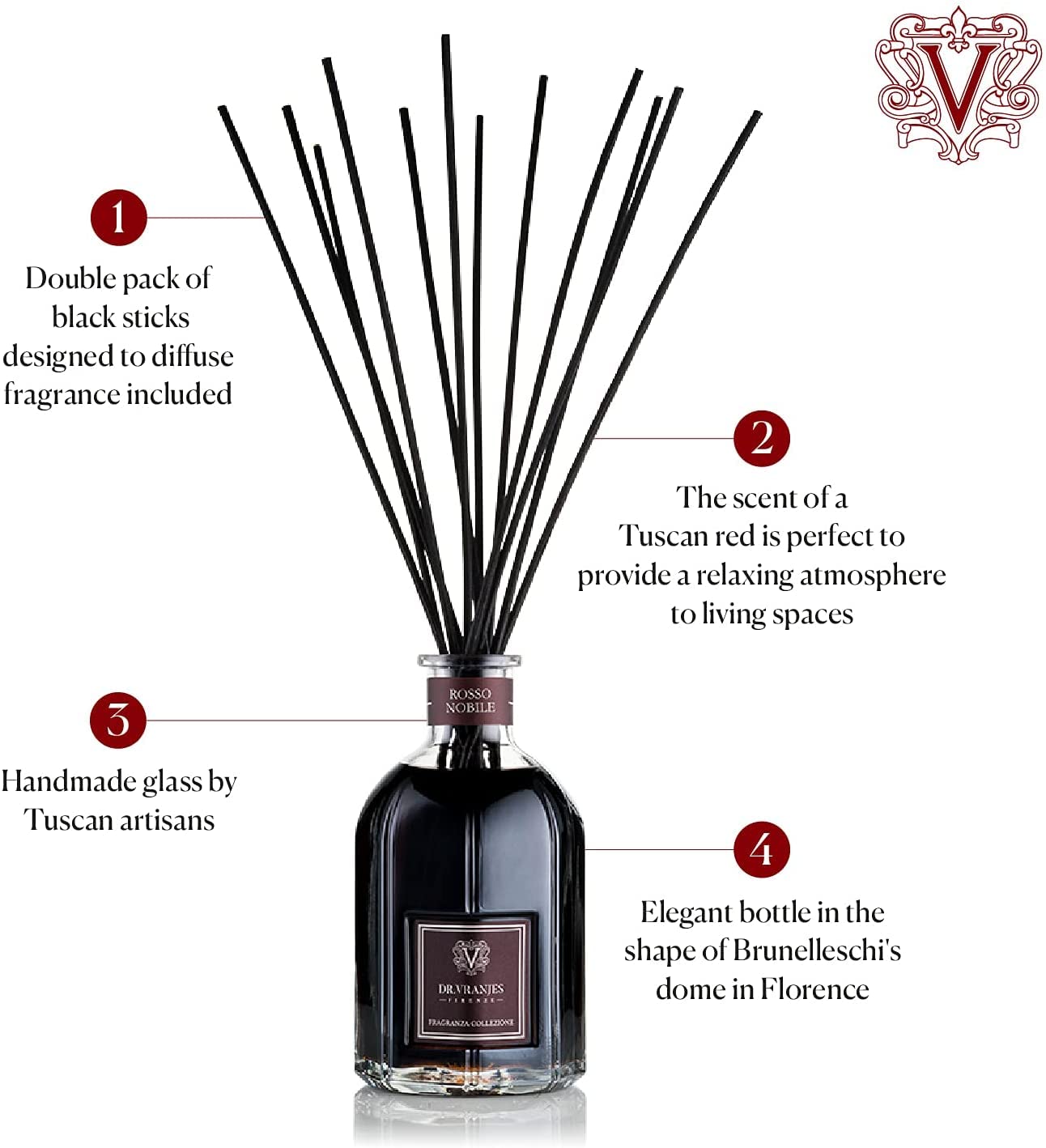 Dr. Vranjes Rosso Nobile 1250ml Luxury Reed Diffuser Set with 3 Black Rattan Sticks - Italian Made Home Fragrance with Fruity Notes of Orange, Strawberry & Red Berries - Perfect for Living Room, Bedroom & Office Decor