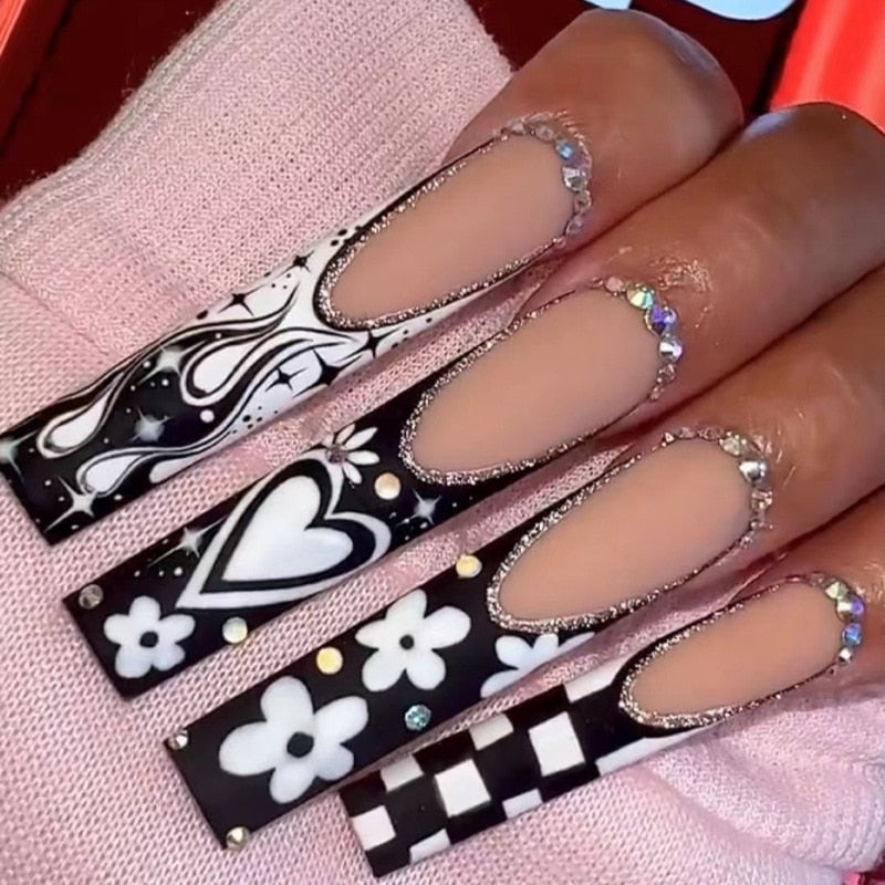 24Pcs Extra Long Ballet False Nails with Rhinestone - Acrylic Square Press on Nails with Heart Designs for Women | Perfect for Parties, Weddings, and Special Occasions
