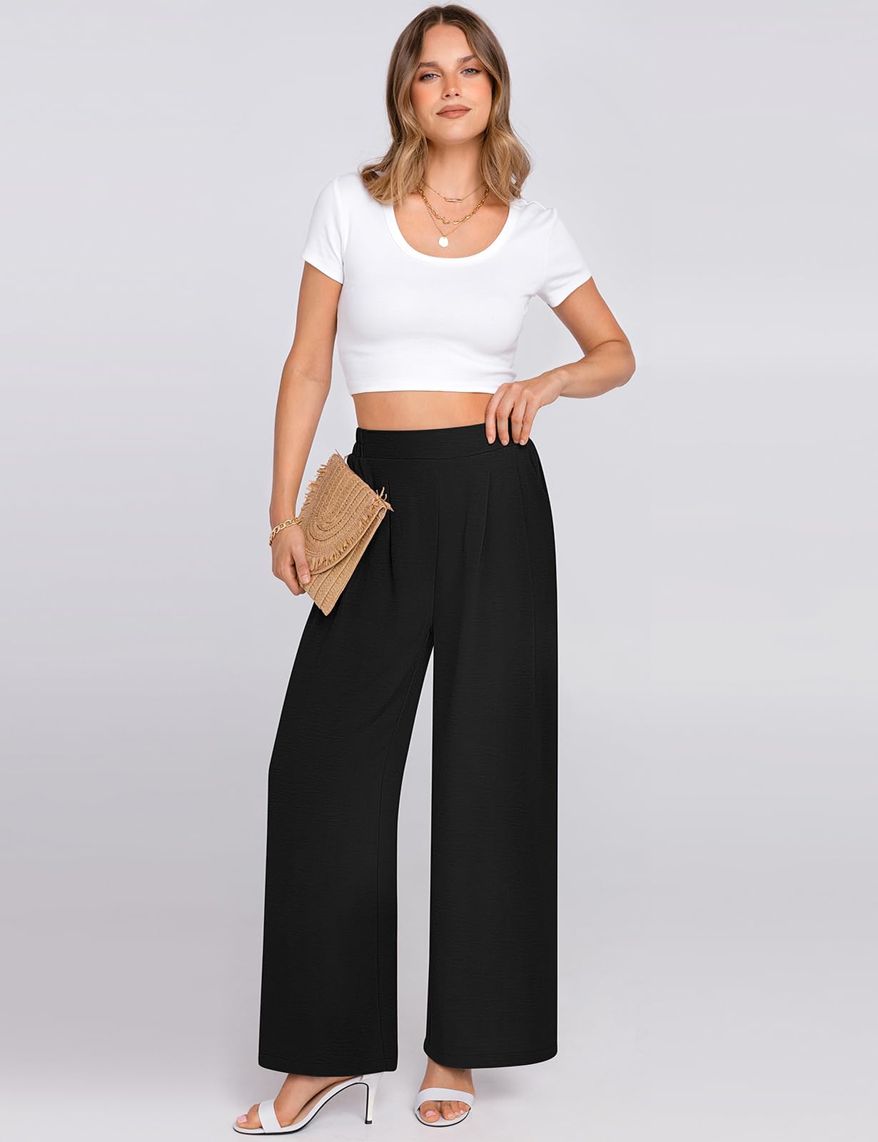 TARSE Women's Wide Leg Dress Pants - High Waisted Elastic Business Casual Palazzo Trousers with Pockets | Perfect for Office Work, Professional Meetings & Stylish Everyday Wear