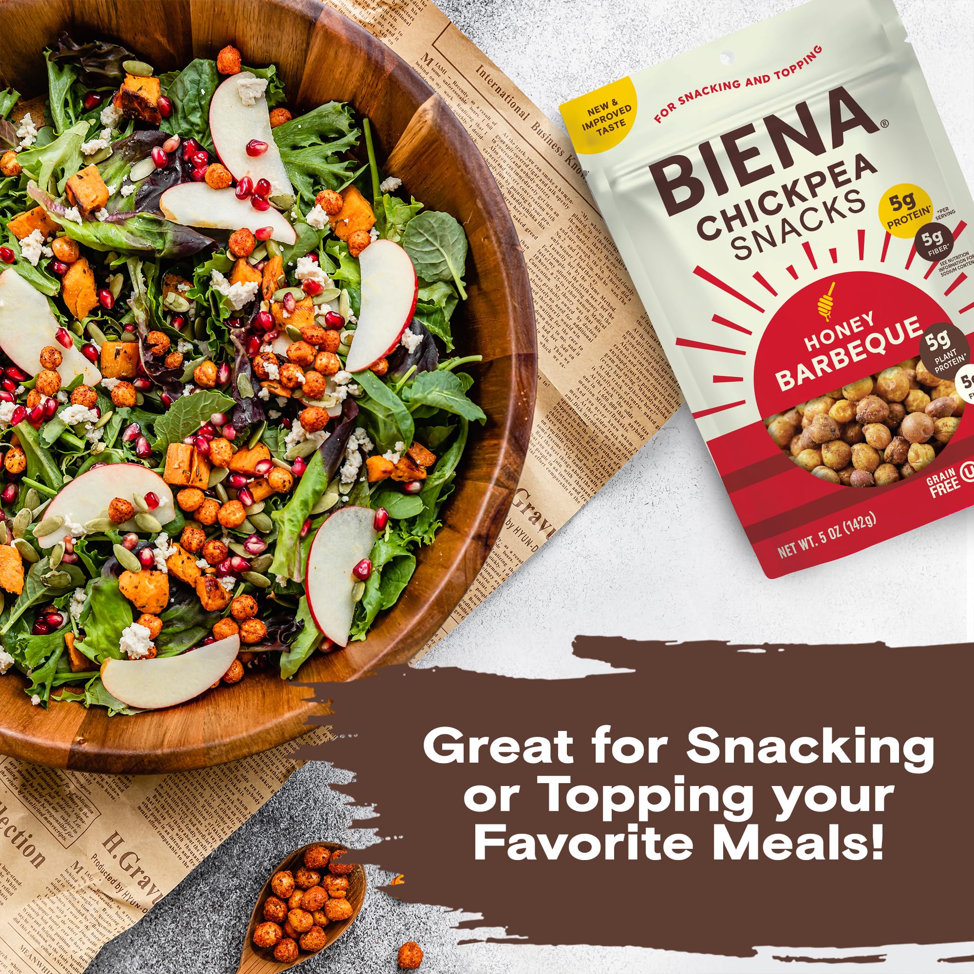 BIENA Crunchy Roasted Chickpea Snacks - High Protein & Fiber Healthy Snack for Adults & Kids - 4 Pack (5oz Bags) - Barbecue Flavor - Perfect for On-the-Go, School Lunches & Office Snacking
