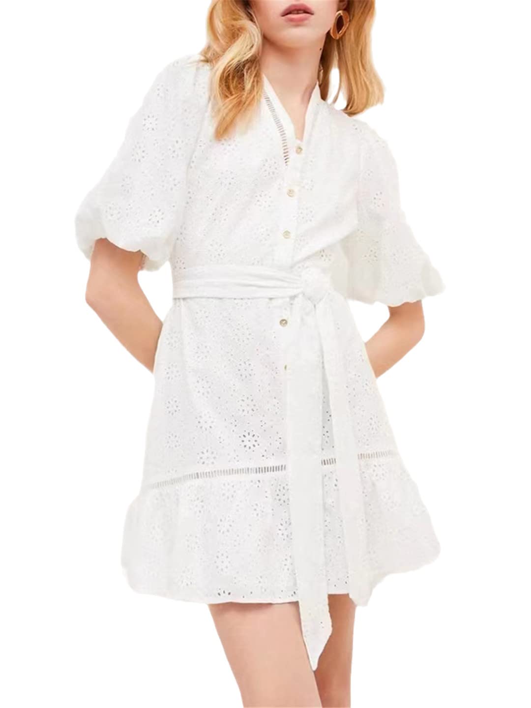 Vintage Embroidered Floral Dress for Women - V Neck Balloon Sleeve High Waist Tie Colorblock Mini Dress | Boho Summer Dress for Beach, Party & Date Night