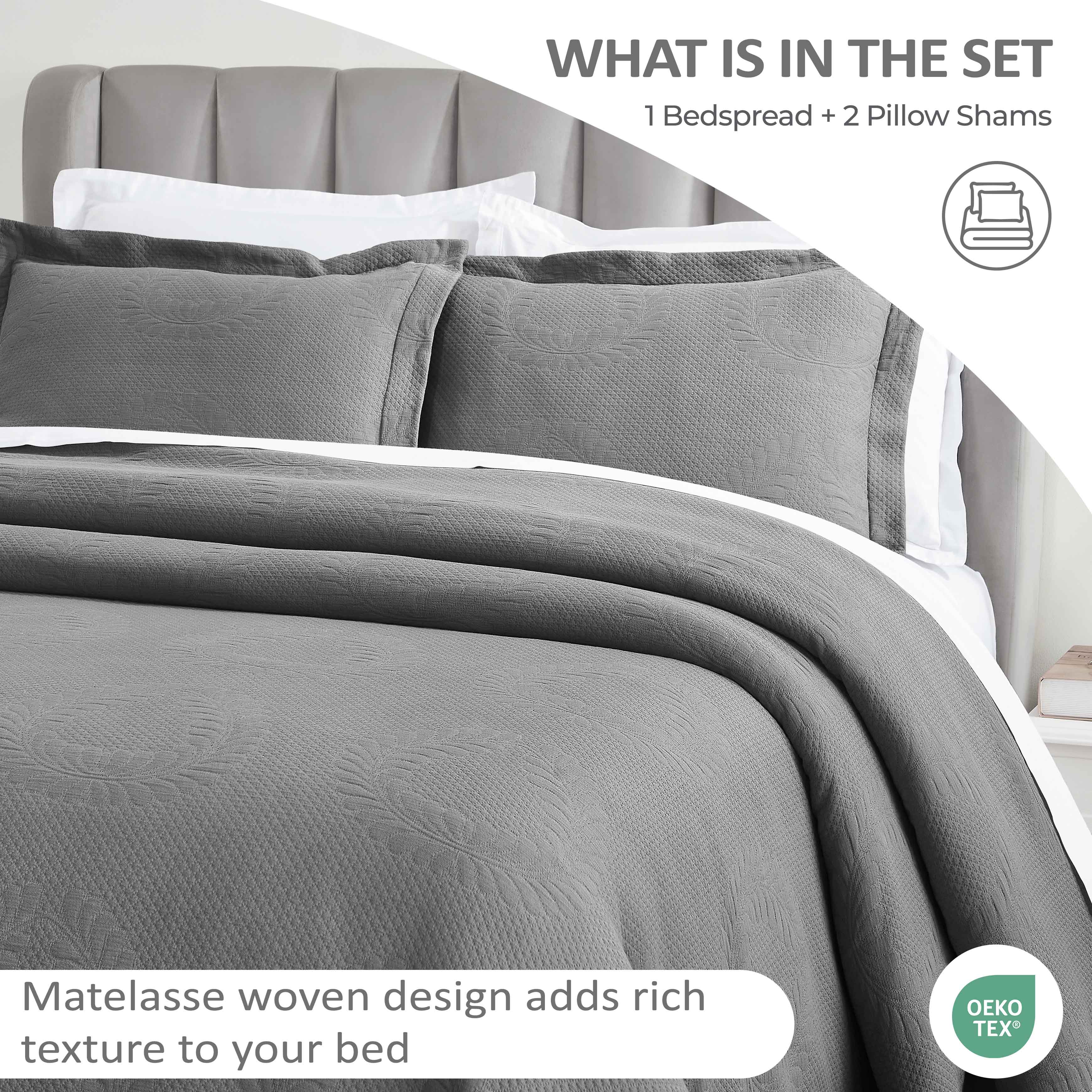 Peploi Cotton Medium Weight Matelasse Bedspread and Sham Set - Queen Size, White Textured Bed Cover with Matching Shams - Perfect for Master Bedroom, Guest Room & Hotel Decor