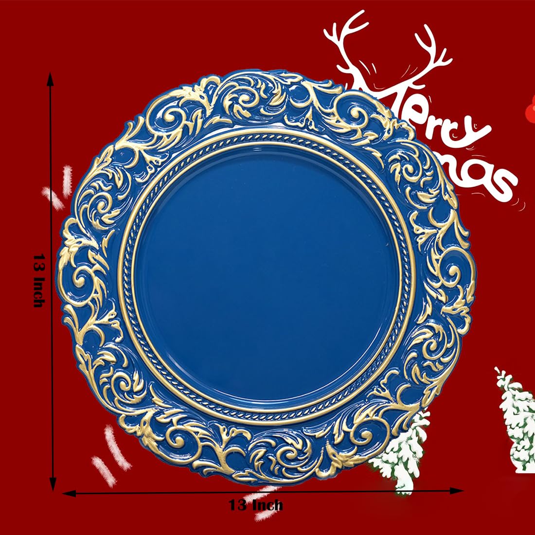 Antique Gold Rim Charger Plates - Set of 6 Royal Blue 13 Inch Round Plastic Embossed Dinner Chargers for Wedding, Party & Elegant Table Decor | Perfect for Formal Dining, Holiday Entertaining & Special Occasions