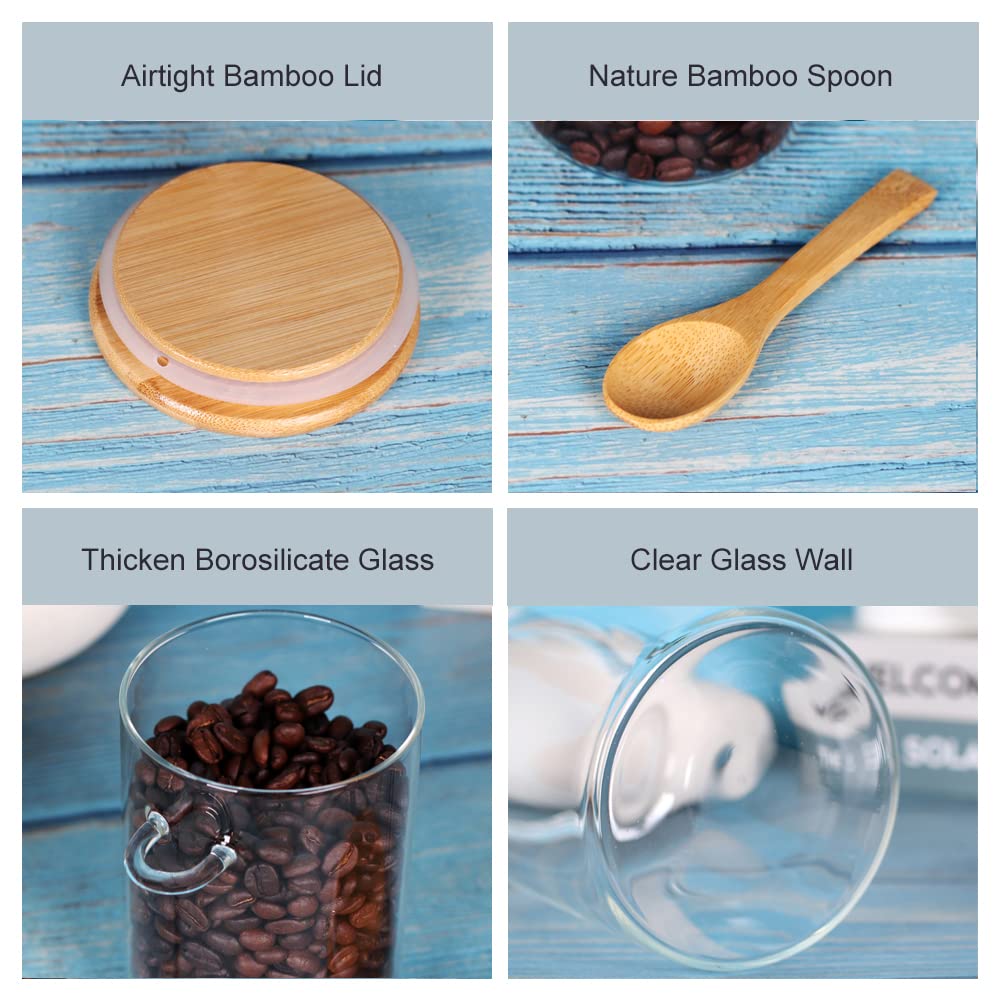 17oz Glass Jars with Bamboo Lids & Spoon - Set of 3 Small Airtight Containers for Sugar, Coffee, Tea Storage | Perfect for Kitchen Pantry, Coffee Bar & Tea Station Organization