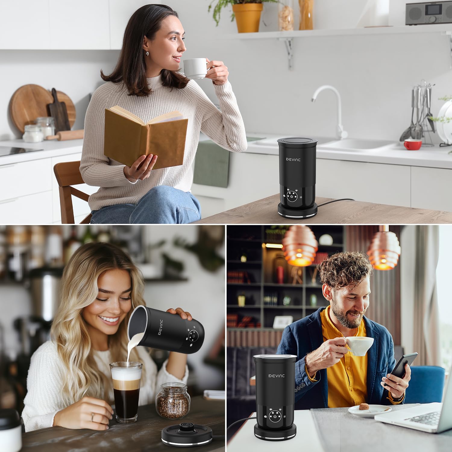DEVINC 4-in-1 Electric Milk Frother and Steamer - Hot & Cold Foam Maker with Auto Shut-Off - Perfect for Coffee, Latte, Cappuccino, Matcha - Ideal for Home, Office, and Coffee Shop Use