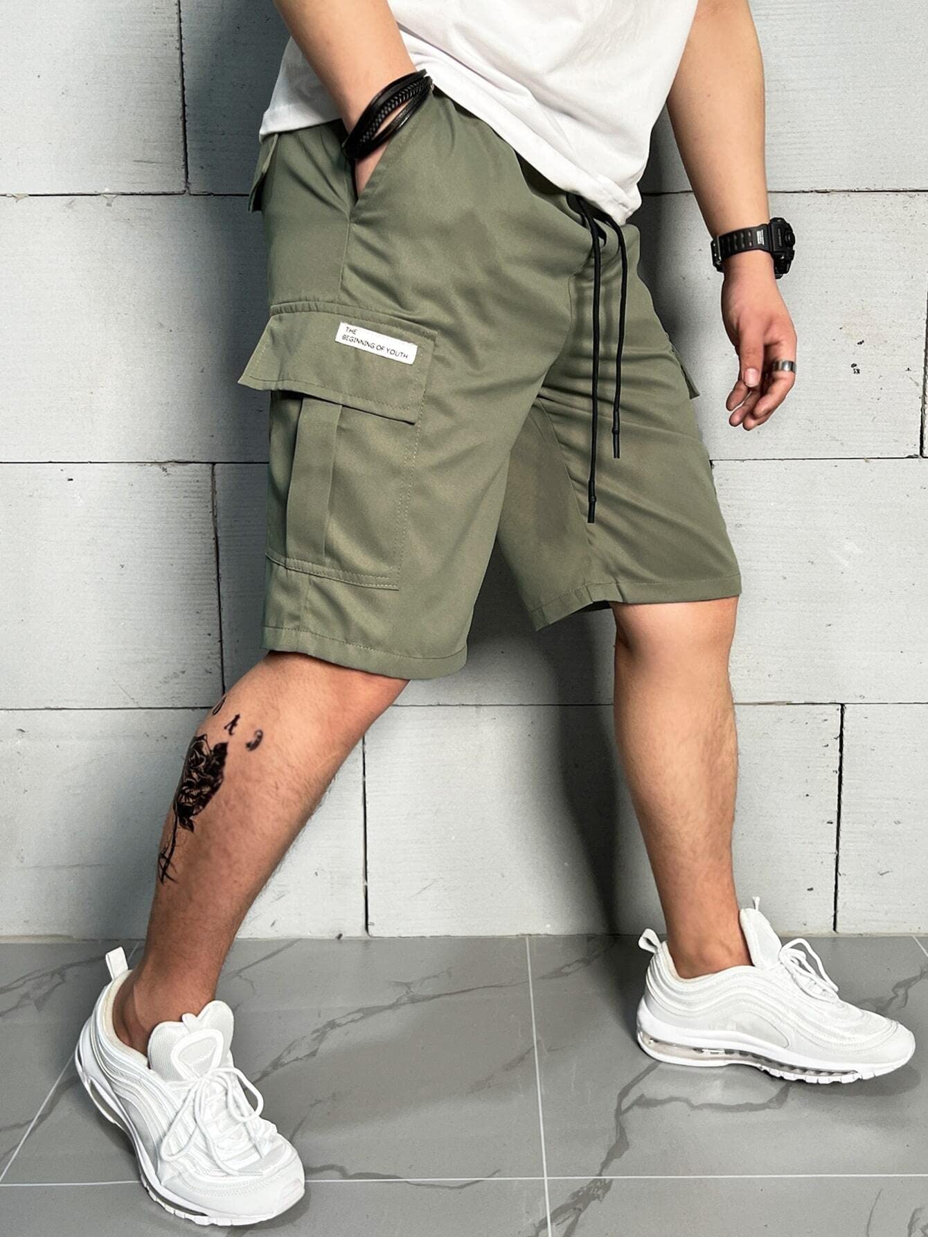 Men's Casual Letter Patch Pocket Drawstring Waist Shorts - Army Green Size L | Summer Beach Shorts for Outdoor Activities, Travel & Relaxation