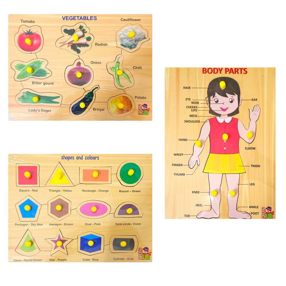 5-Piece Wooden Learning Puzzle Set for Kids & Adults - Number 1-20, Birds, Shapes, Vegetables, Body Parts - Educational Wooden Toys for Toddlers 3+ Years - Perfect for Homeschooling & Family Game Night