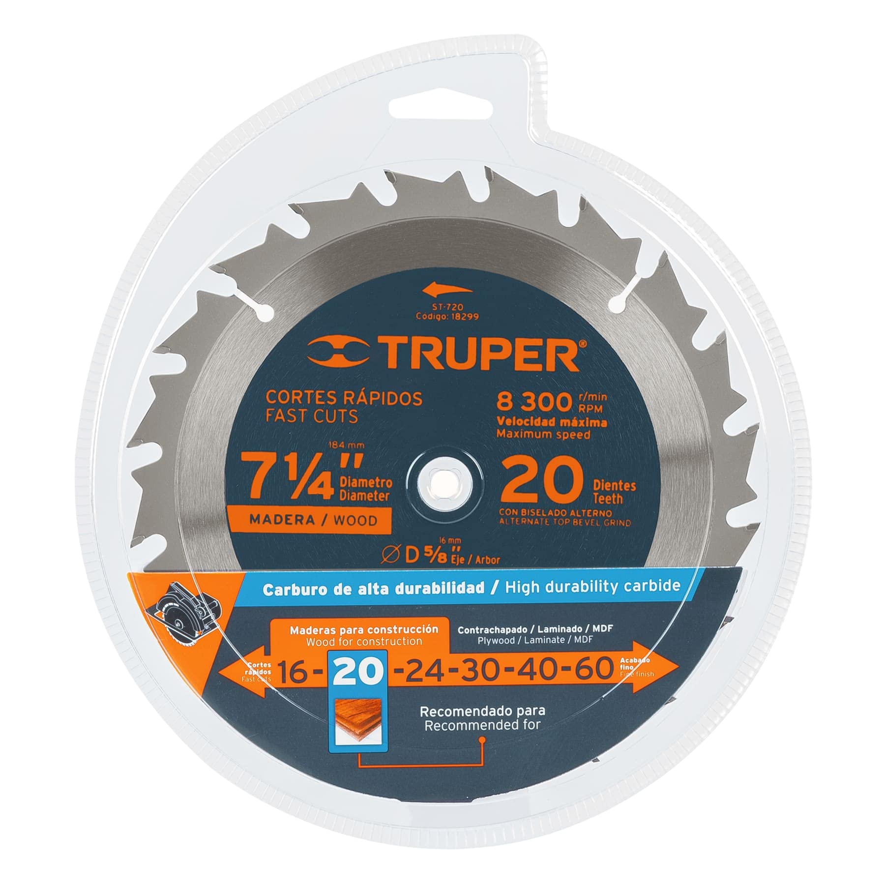 TRUPER ST-720 7 1/4 Inch Wood Cutting Saw Blade - 20 Teeth with 5/8 Inch Arbor - Perfect for DIY Projects, Woodworking, and Home Renovations