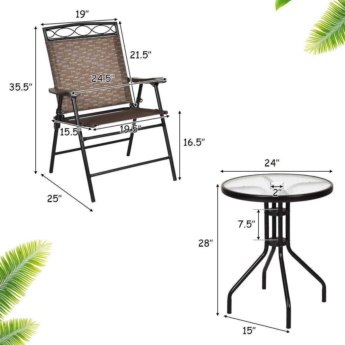 HAPPYGRILL 3-Piece Outdoor Patio Dining Set with Round Tempered Glass Table & Foldable Chairs, Garden Poolside Backyard Furniture Set with Umbrella Hole - Perfect for BBQs, Parties, and Relaxing Outdoors