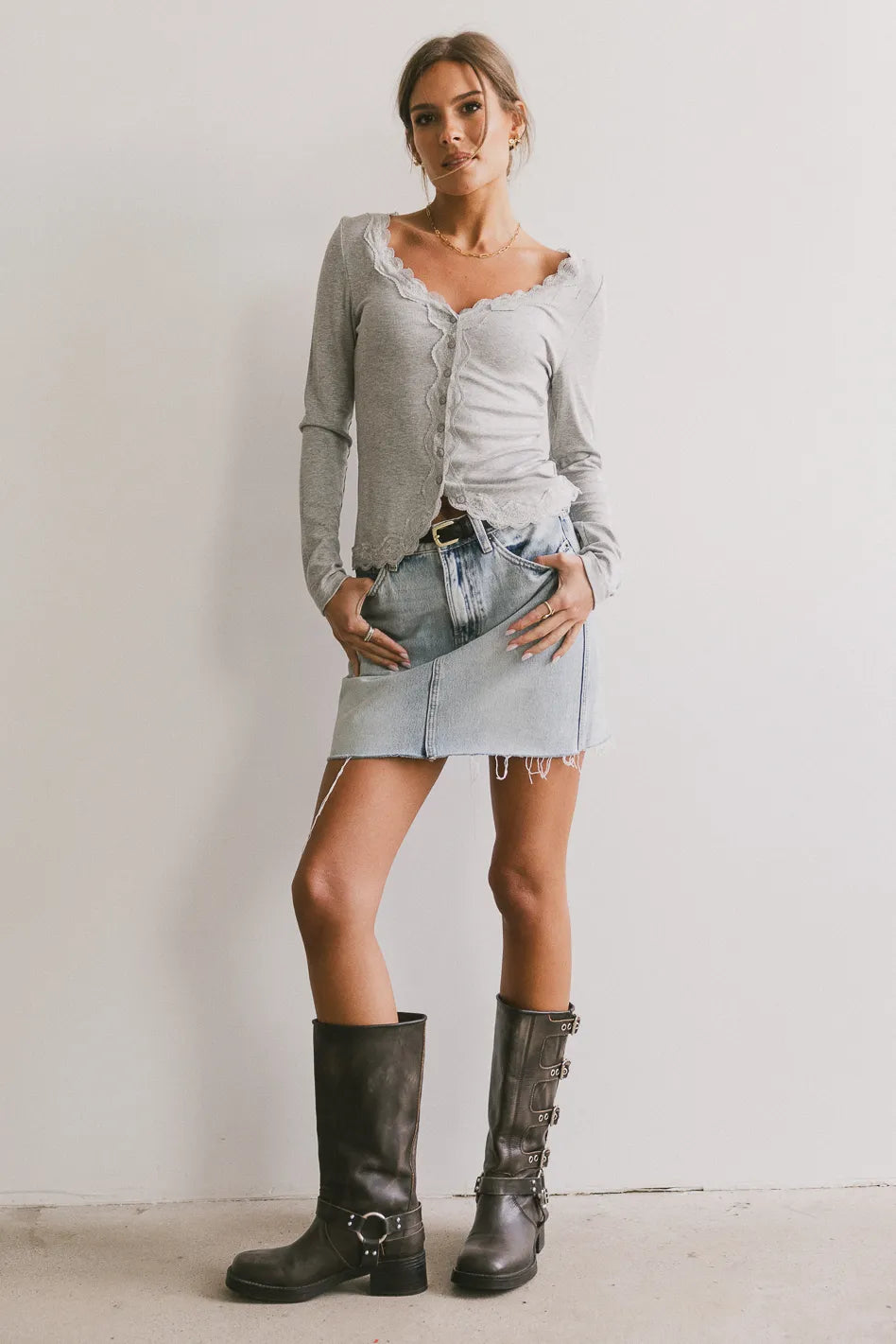 Logan Lace Trim Top in Grey - Women's Elegant Lace Blouse for Casual Wear, Date Night & Office Outfits
