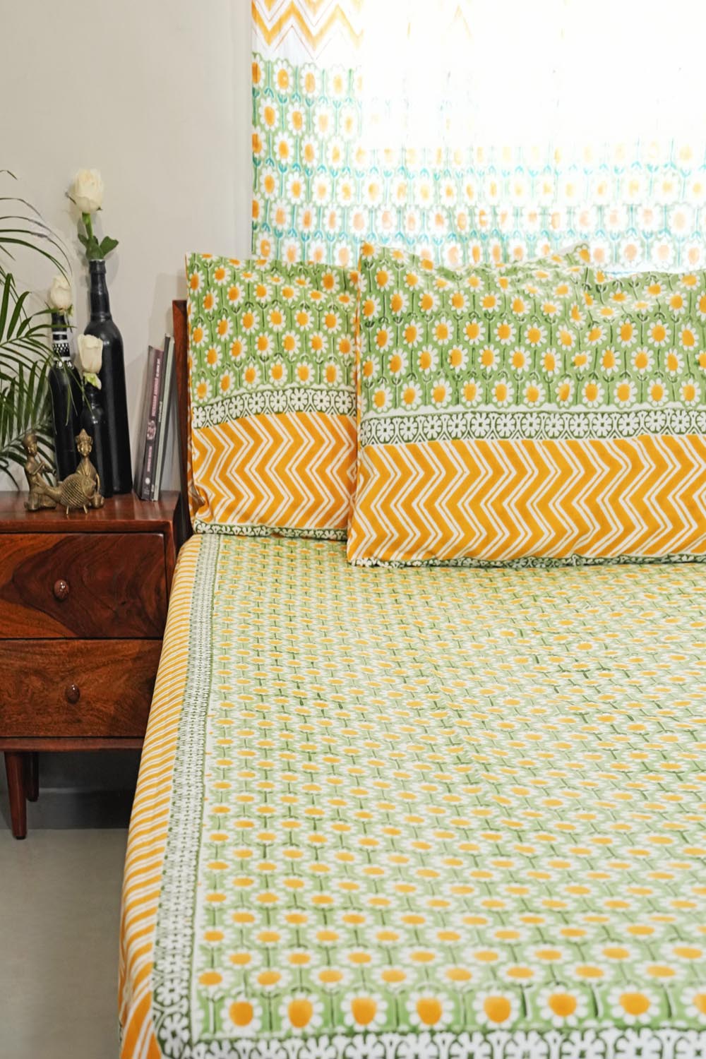 Sunlit Haven Hand Block Printed Cotton Percale Bedsheet Set - 100% Organic Cotton Luxury Bedding for Home & Hotel Use - Perfect for Master Bedroom, Guest Room & Vacation Rental